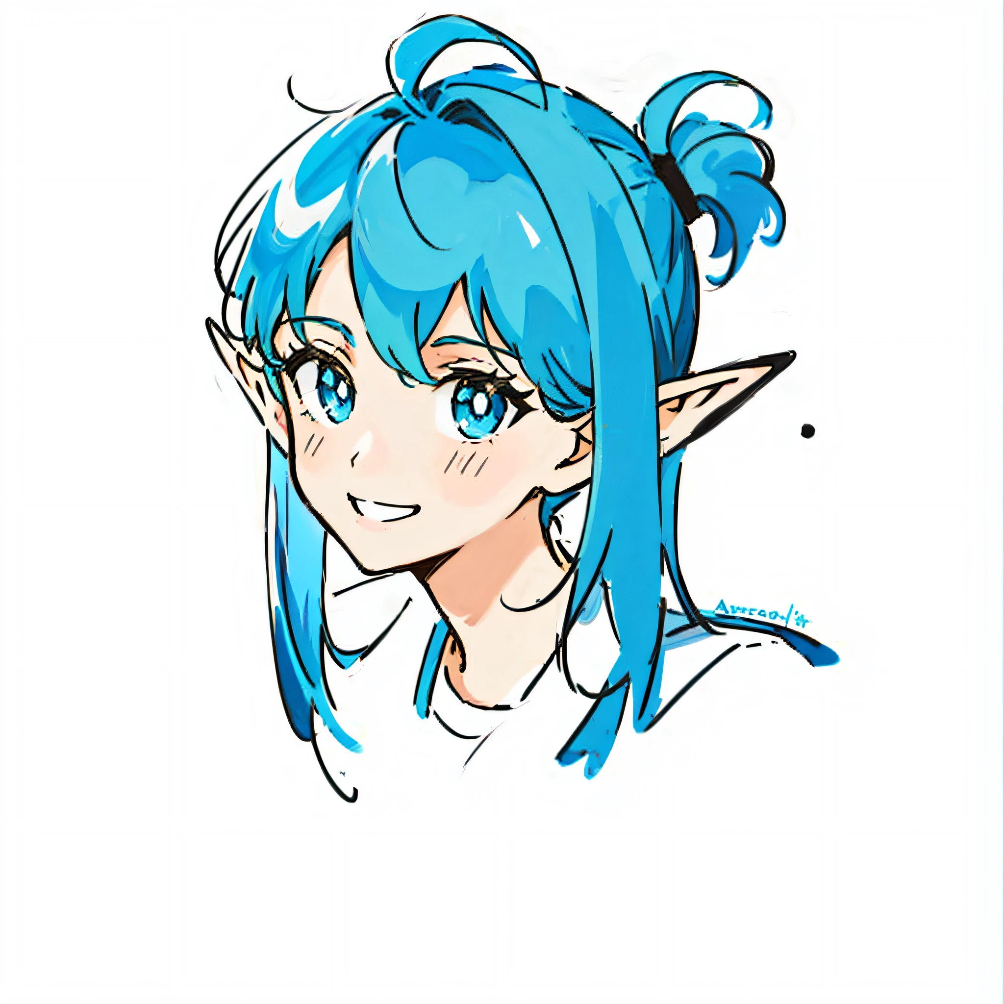 Close-up of a cartoon girl with blue hair, 2D anime style, 2D art, 2D illustration, blue elf, drawing tool race!! Helia, Portrait of Jinx from Arcane, Link from The Legend of Zelda, Blue-Haired Girl, Blue Pupils, Purple Dullness, Smile, Link.