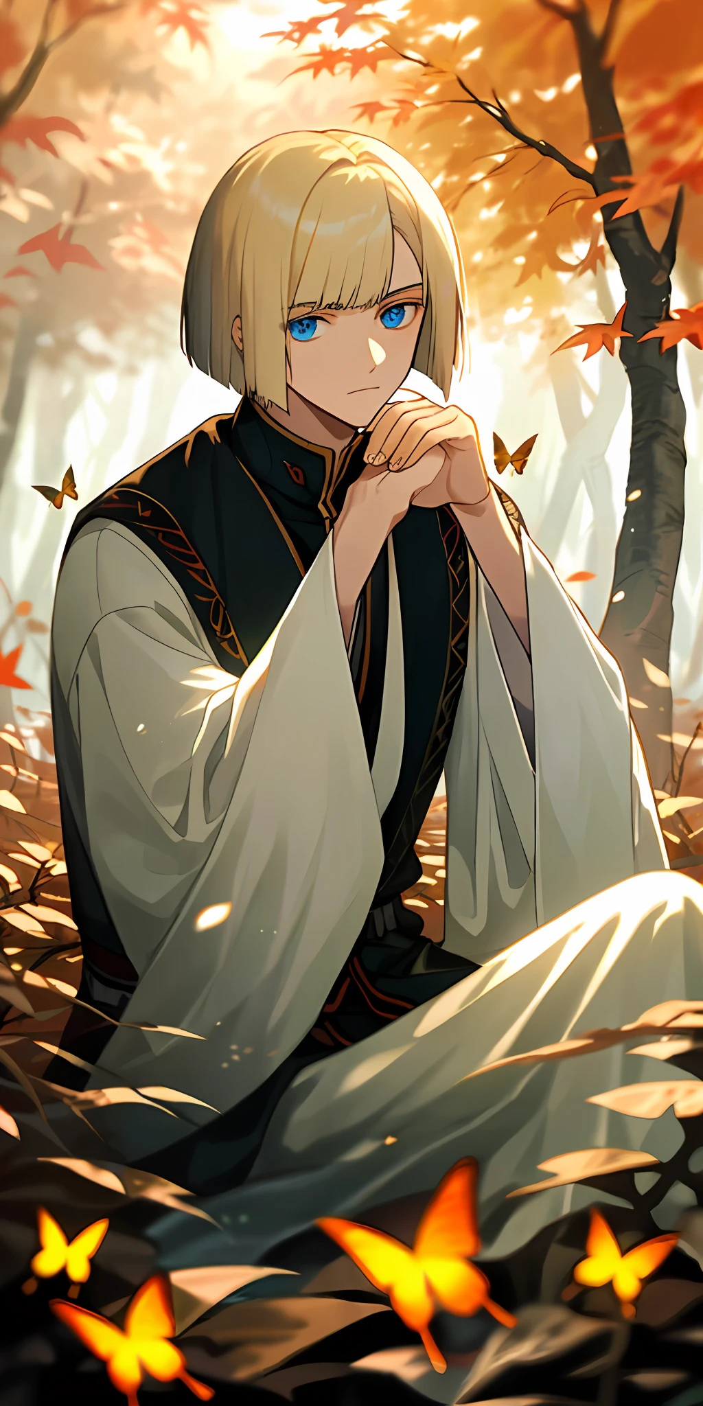 (masterpiece, best quality),1boy with platinum blonde hair sitting in Autumn forest with autumn leaves, his hand under his chin, bob cut, blue eyes, Mystical fog, warm lighting, white costume, blurry foreground, butterflies