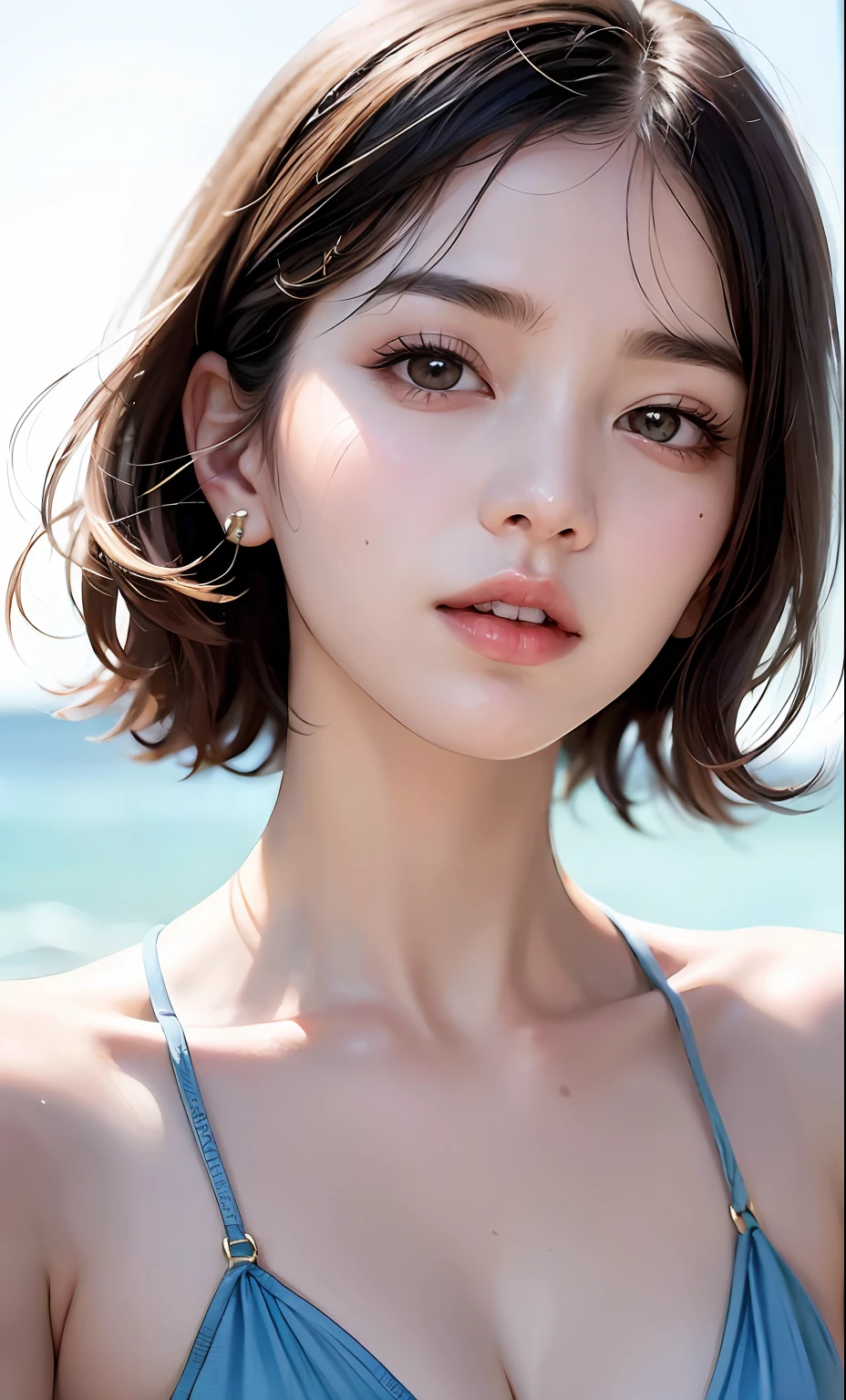 Boris Vallejo style, short hair bikini girl in the water, textured skin with shiny, fusion of hyper-realistic painting, delicate brush strokes, pure white background, photorealistic paintings, (8k, RAW photo, photorealistic:1.25), (lipgloss, eyelashes, gloss-face, glossy skin, best quality, ultra highres, depth of field, chromatic aberration, caustics, Broad lighting, natural shading, Kpop idol) Watch the audience with serenity and goddess-like happiness,