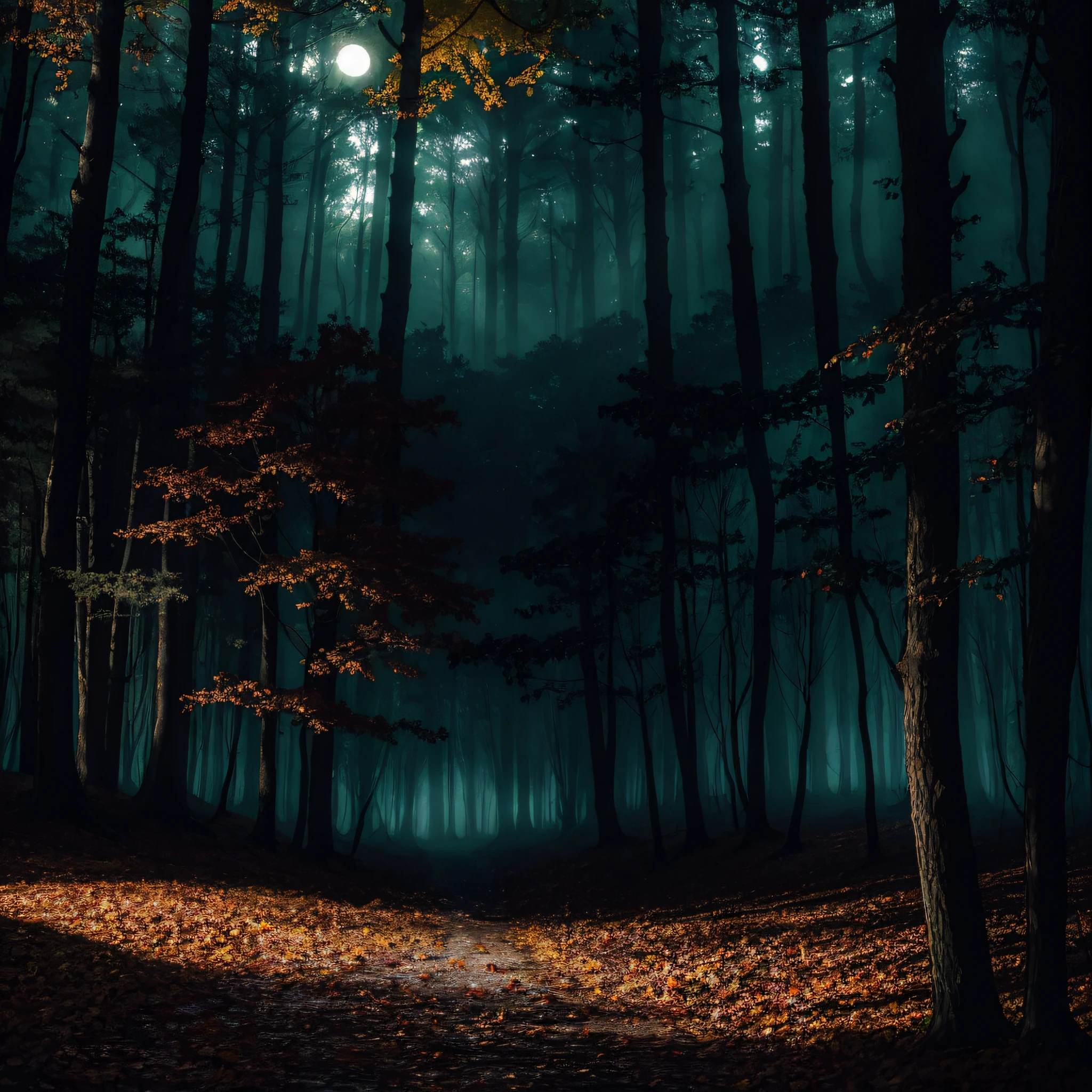 dark forest in the background, foggy forest at night, autumn leaves, golden autumn, in autumn, autumn tranquility, autumn forest, during autumn, in the autumn forest, in autumn, autumn colors, autumn season, beautiful scenery , golden colors, falling autumn leaves, beautiful forest landscape, autumn lights, mysterious forest, cyan fog, mysterious and scary forest, scary forest, sinister and mysterious forest, gloomy forest, an image of a moonlit forest, forest dark, surreal forest,
