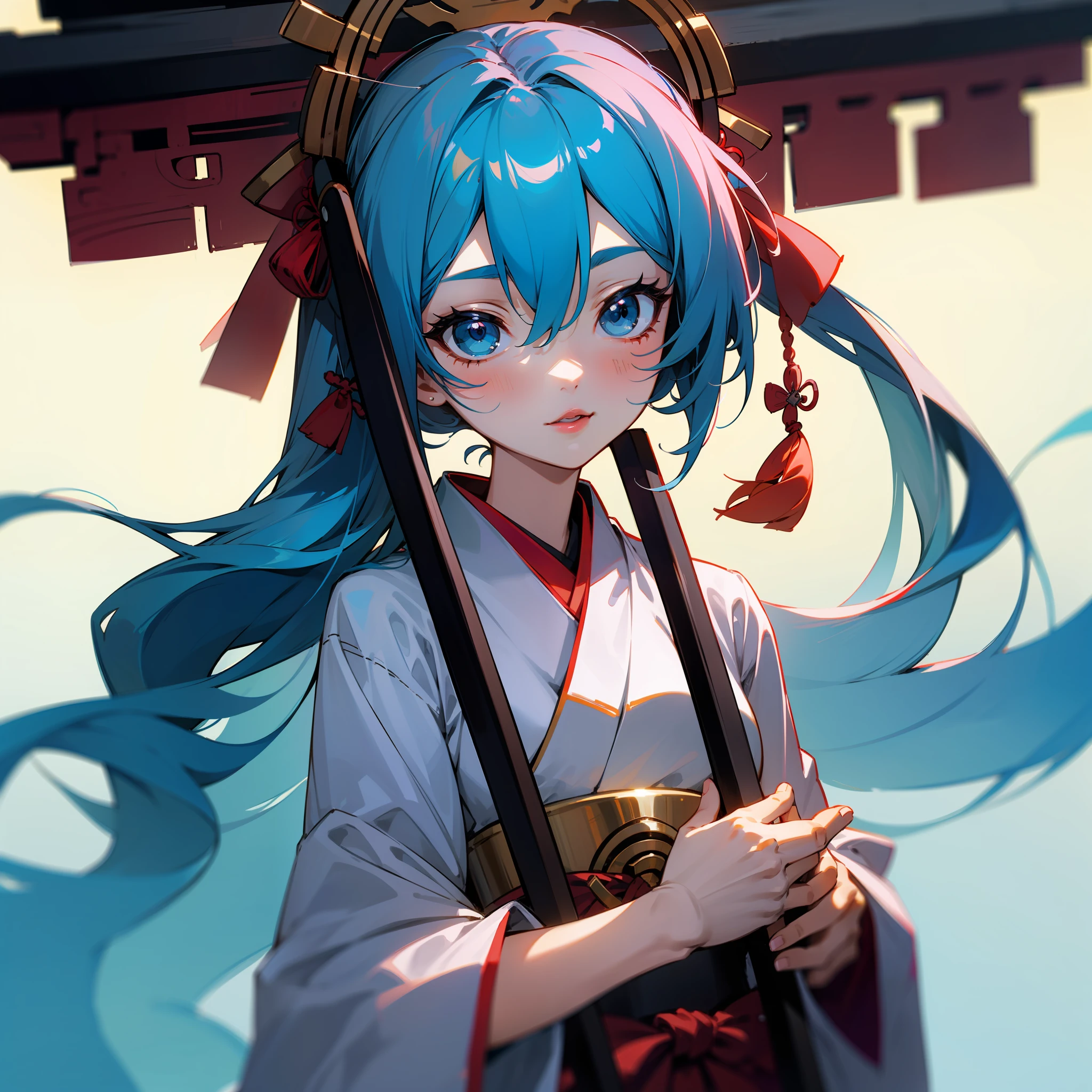 Hatsune miku, shrine, miko, priestess ((traditional from Japan)) , blue eyes , blue hair , red lips , beautiful girl , 1girl , holding ceremonial staff