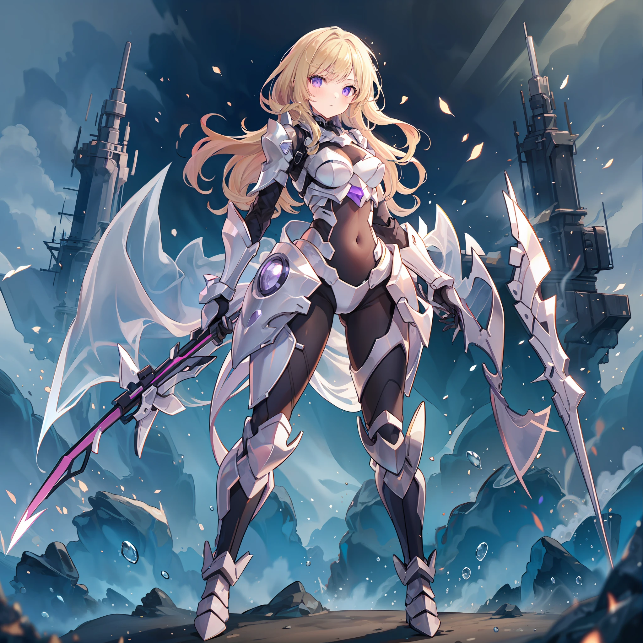 Blonde girl with purple eyes, full body, wearing exoskeleton armor