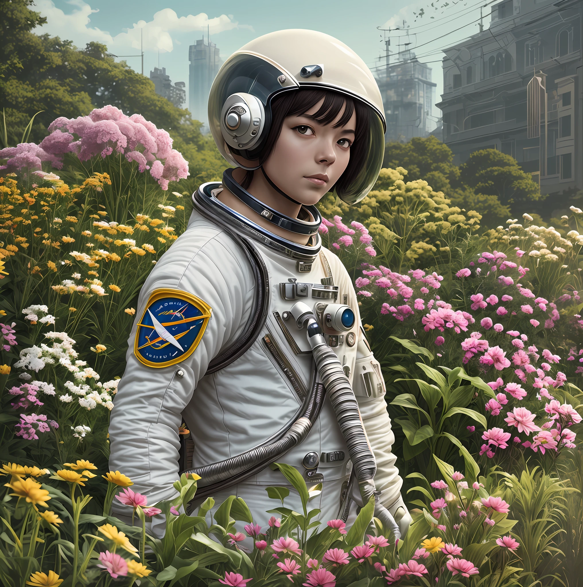 An astronaut in a garden on a spring day, by martine johanna and simon stalenhag and chie yoshii and casey weldon and wlop : : ornate, dynamic, particulate, rich colors, intricate, elegant, highly detailed, harper's bazaar art, fashion magazine, smooth, sharp focus, 8 k, octane render --auto --s2