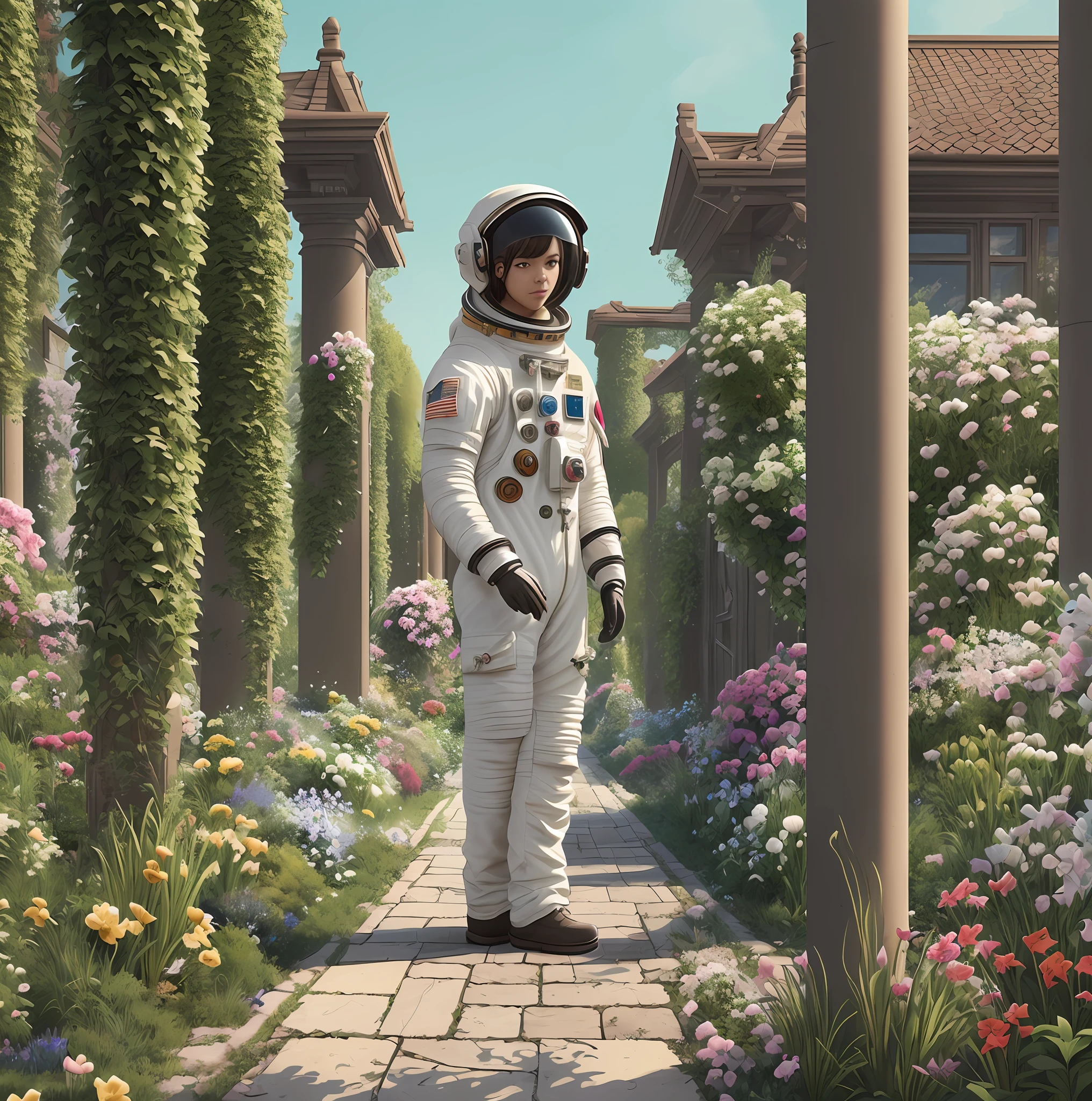 An astronaut in a garden on a spring day, by martine johanna and simon stalenhag and chie yoshii and casey weldon and wlop : : ornate, dynamic, particulate, rich colors, intricate, elegant, highly detailed, harper's bazaar art, fashion magazine, smooth, sharp focus, 8 k, octane render --auto --s2