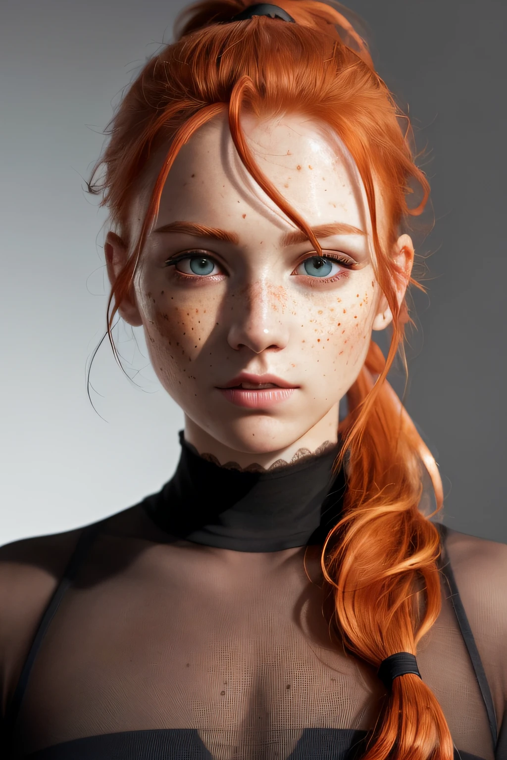 (8k, RAW photo, highest quality),(epic realistic:1.5), a girl, dynamic posture,erotic face,gothic style clothes,(detailed eyes:0.8),(looking at the camera:1.4), (highest quality), (best shadow),intricate details,cinematic,((skin:1.4)),interior, (long ponytail ginger hair:1.3),dark studio,(hdr:1.5),detailed, muted colors, freckles