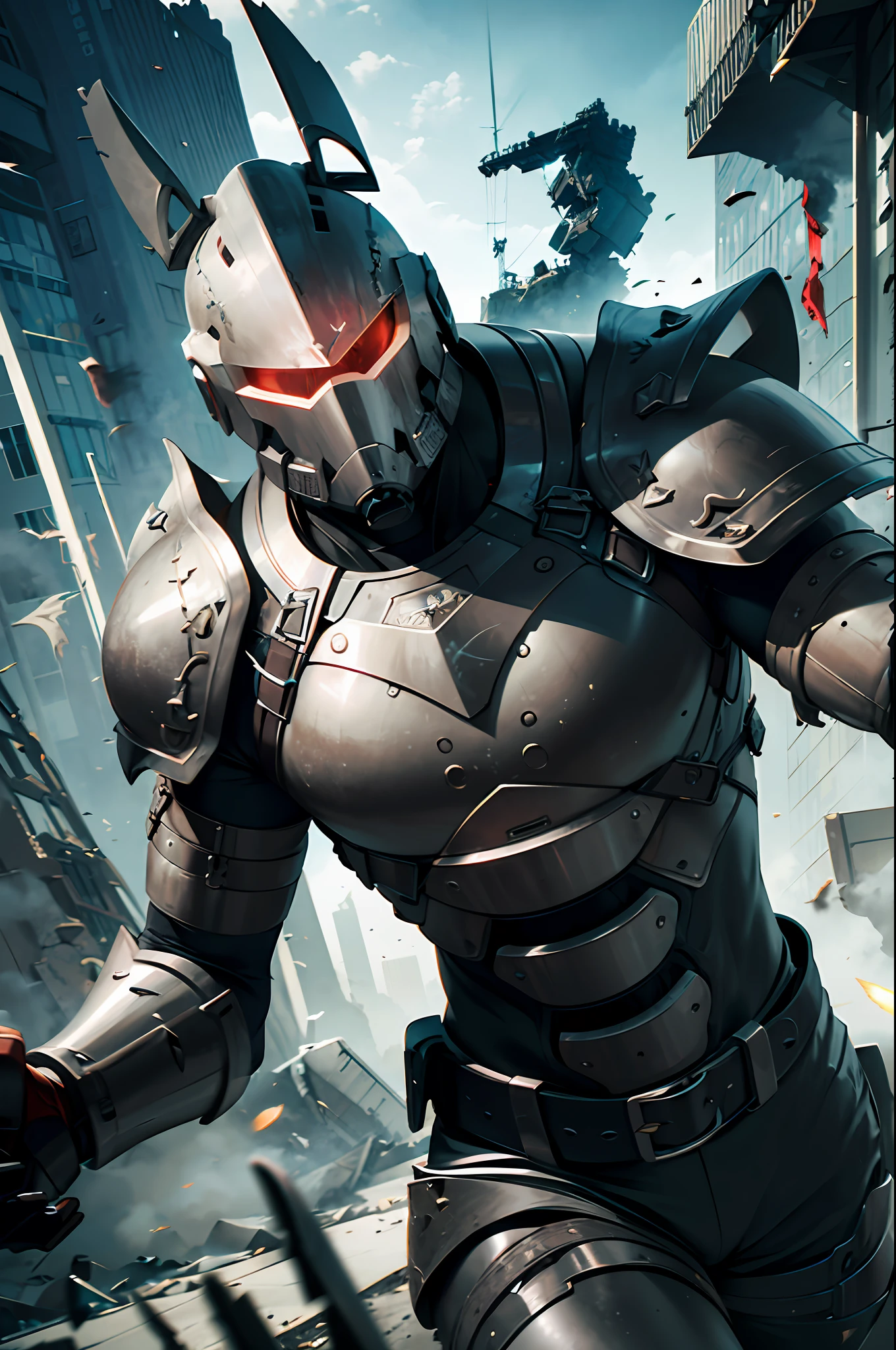 a futuristic hardcore mechanical warrior, battle scene, huge city ruins, smoke, dust, wreckage, skyscraper collapse, black clouds, lightning, solid armor, metal plates, mechanical parts, cold light, red eyes, superhuman strength, speed, giant weapon, explosion, destruction, agility, precision pace, hand-to-hand combat, metal collision sound, smooth action, gorgeous, clash, tension, sense of power, sense of speed, destructive power, aesthetics,, best quality, masterpiece, super high resolution, intricate details, 8K resolution, Photorealistic, Realistic 1.4, HDR, (High Light Glow: 1.2)