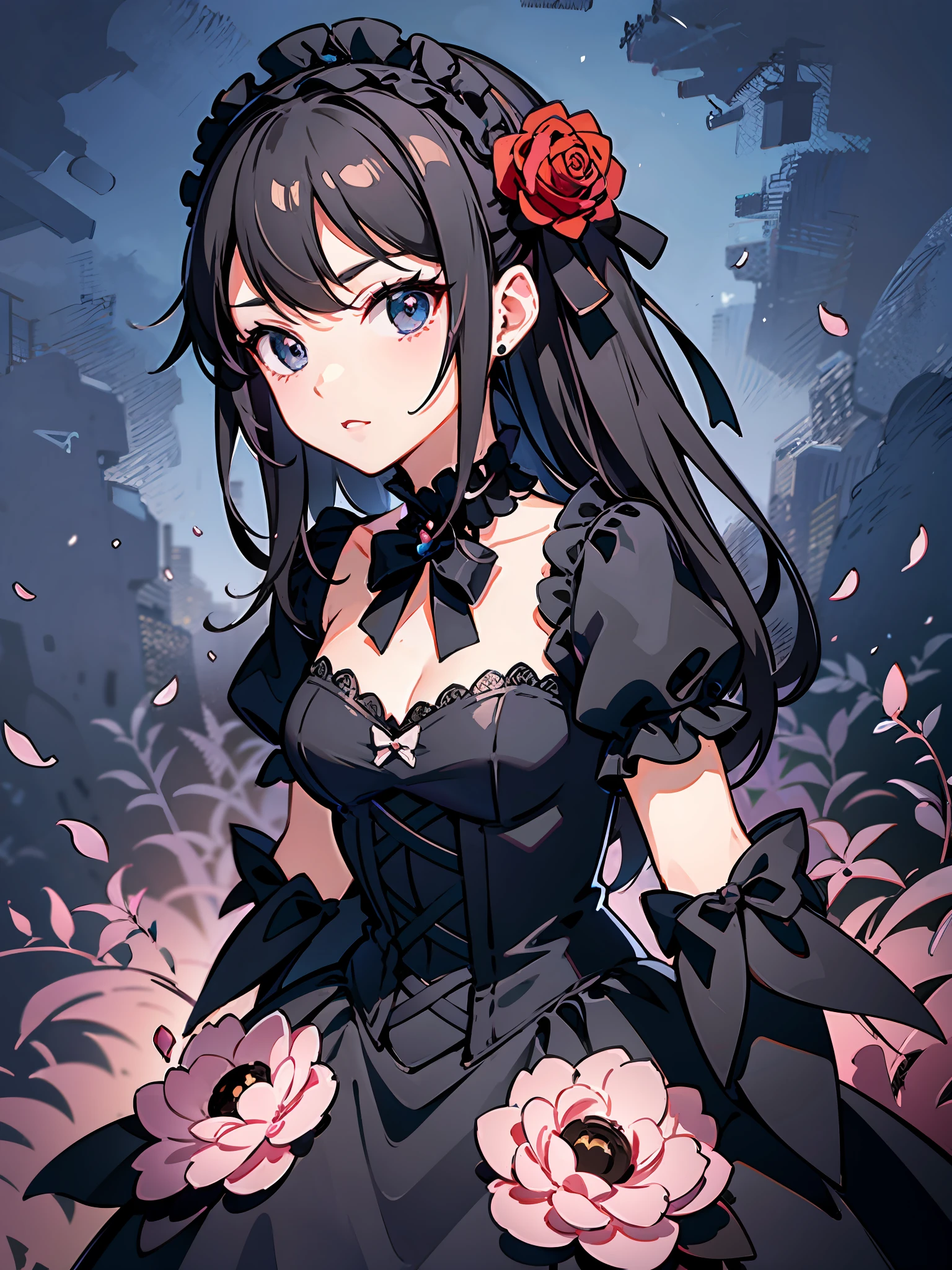 arafed woman in a black dress and a flower crown, black gothic lolita dress, anime girl cosplay, gothic maiden anime girl, victorian gothic lolita fashion, anime cosplay, wearing a gothic dress, loli in dress, an elegant gothic princess, loli, ornate cosplay, anime girl wearing a black dress, maid dress, lolita fashion, gothic maiden, gothic dress