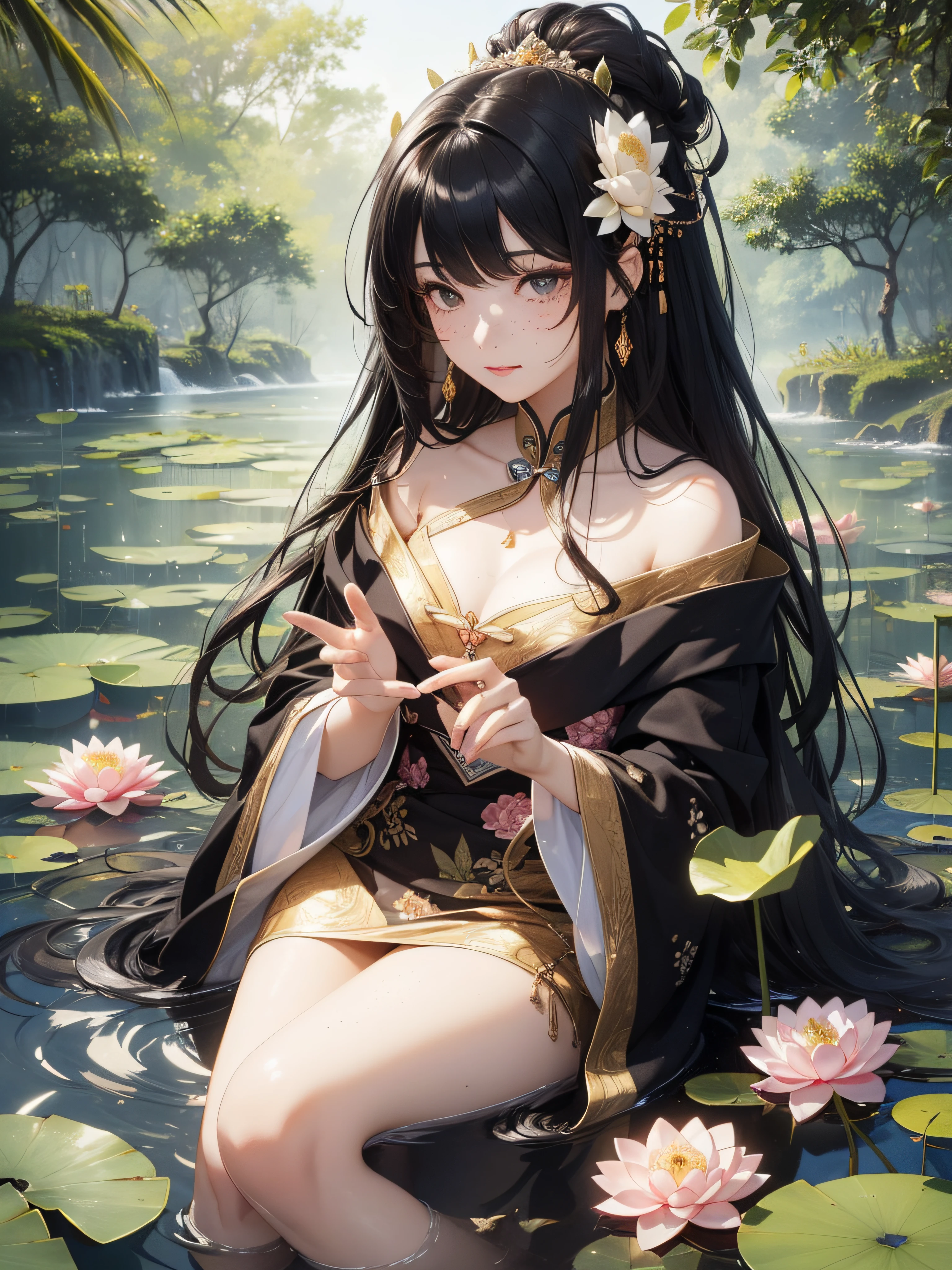 (Masterpiece), (Best Quality), (Real), (Beautiful Reward Princess Lady with Ultra Long Chinese Black Hair and Thin Beautiful Hagoromo in a Lotus Pond Glittering in the Moonlight)), (Looking down at the viewer with dim eyes), (Large hair ornament in the shape of a Chinese lotus)), 20 years old, Dull eyes, Photorealistic, (((Ideal hair luster)), Full body, Freckles, (Black hair fluttering in strong winds)