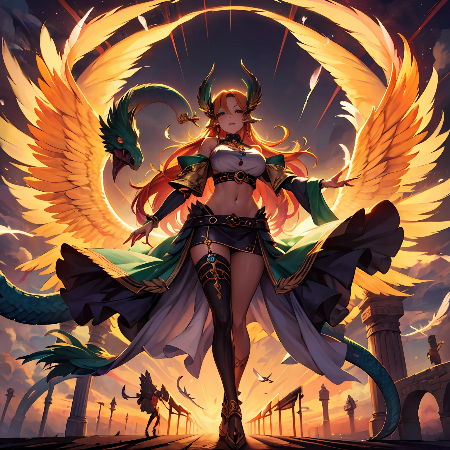 Masterpiece, best quality, {best quality}, {{masterpiece}}, {highres}, anime, 1girl, adult woman, attractive, exotic, Quetzalcoatl, Kukulkan, Serpent God, feathered serpent, flying feathers, plumage, Aztec, golden, gold, thunder, thunder, claws, sharp teeth, serious
