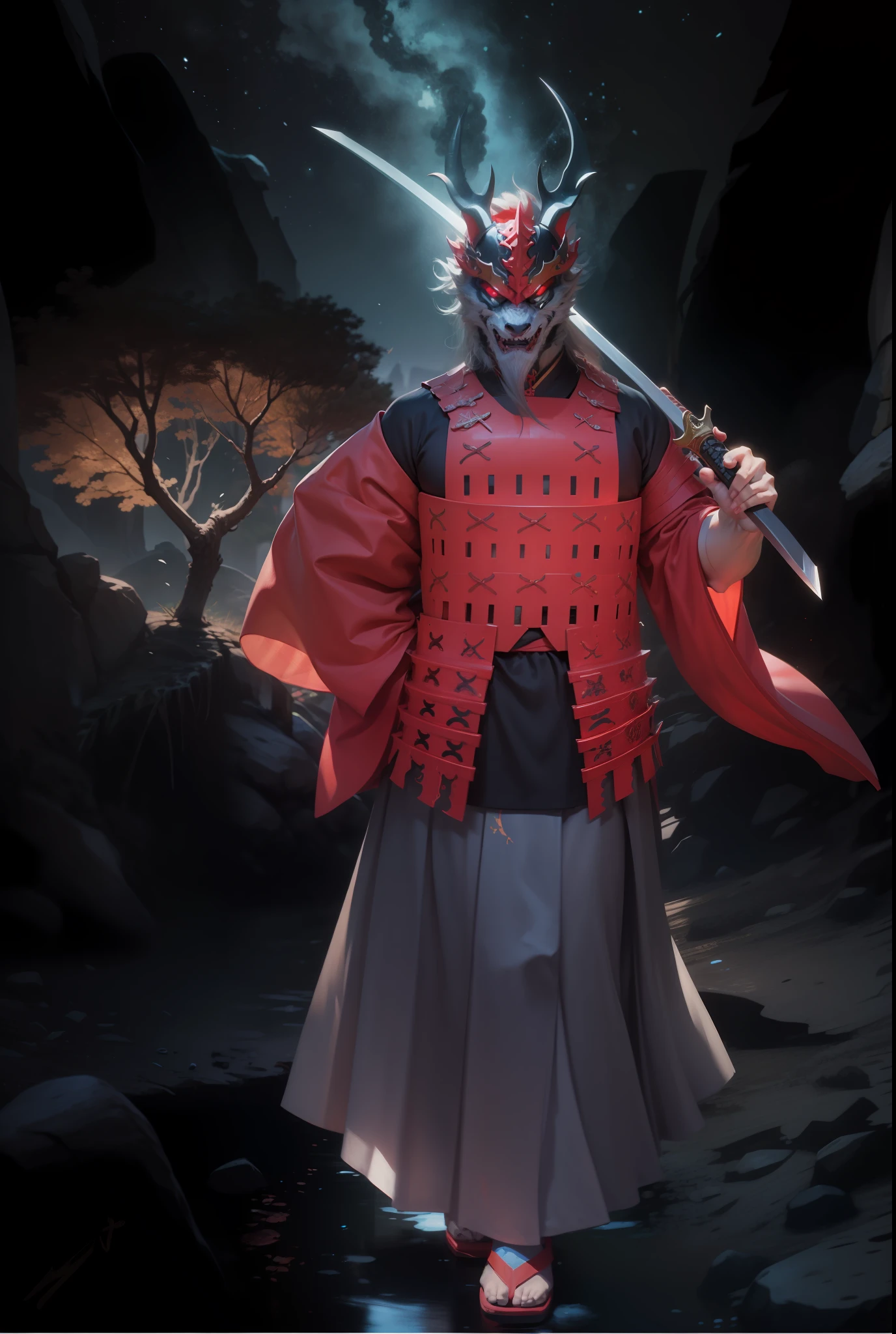Chinese dragon face, samurai armor,4k, blue horns, holding a katana