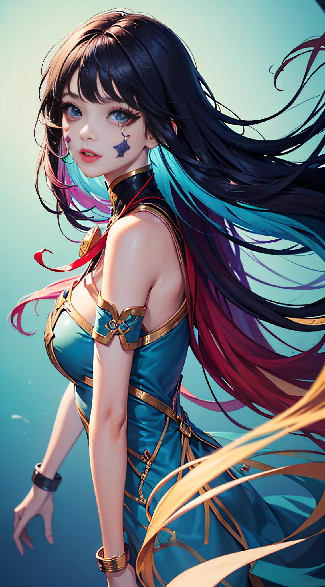 A girl with colorful hair and reflective straps, with makeup on her face, colorful art, fantasy colors, colorful light and shadow rendering, large eyes and long eyelashes, red watery lips, dazzling background, flowing hair, flying hair, colorful hair, colorful eyes, shining eyes