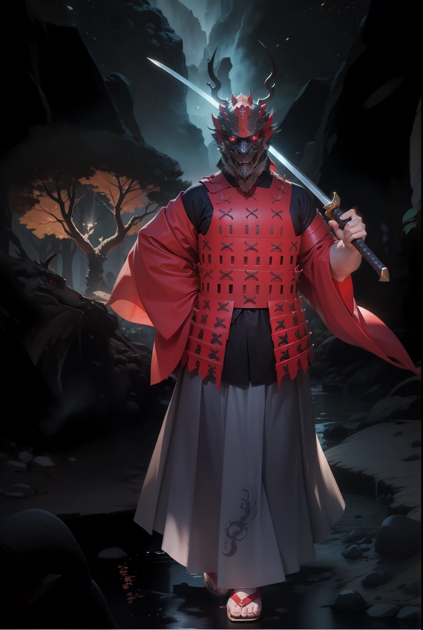 Chinese dragon face, samurai armor,4k, blue horns, holding a katana