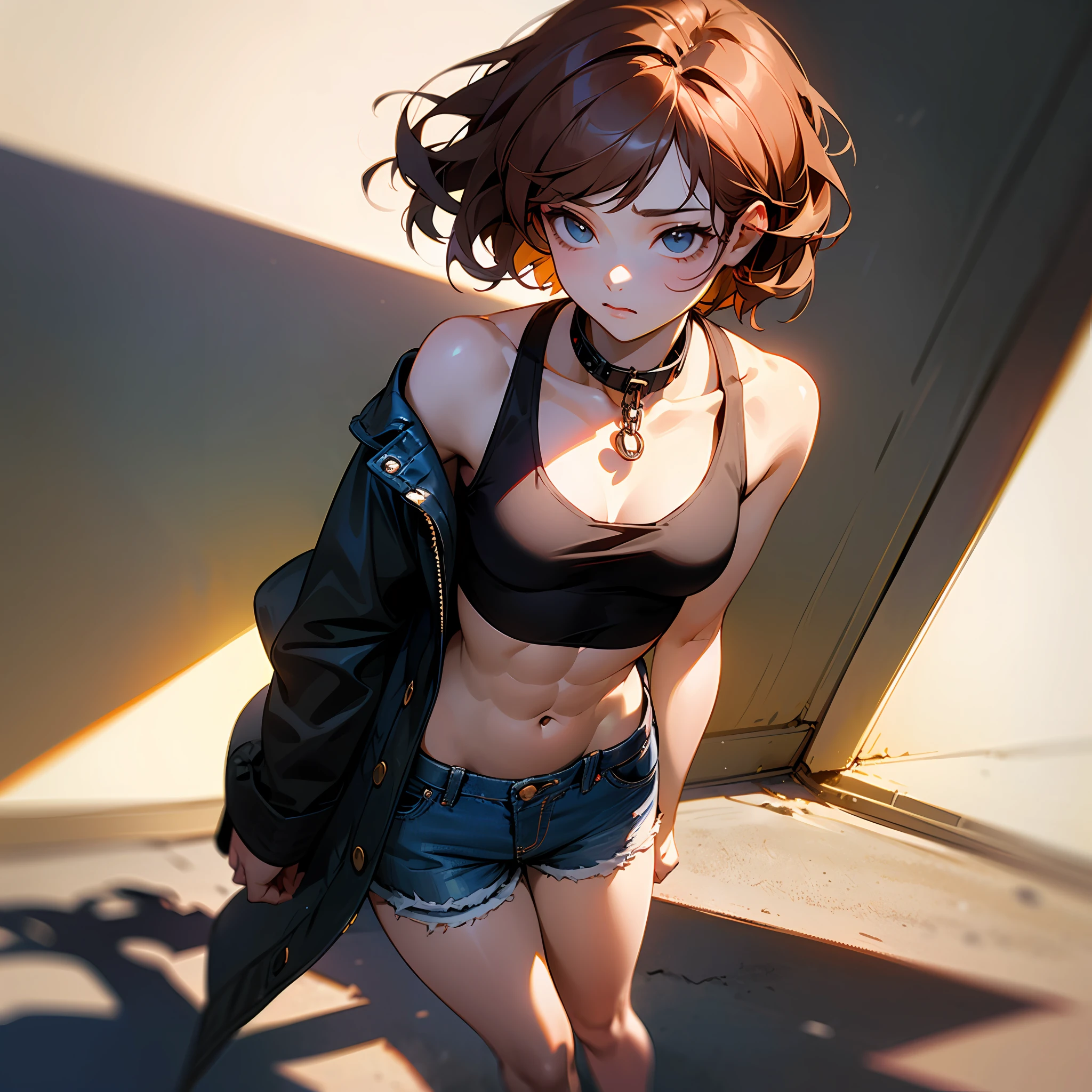 ((medium breast, tomboy girls, small head)), daylight, sunlight, (chiseled abs : 1.1), (perfect body : 1.1), (short wavy hair : 1.2) , auburn hair, collar, chain, full body shot, crowded street, wearing black tanktop, jeans jacket, ((shorts)), (extremely detailed CG 8k wallpaper), (an extremely delicate and beautiful), (masterpiece), (best quality:1.0), (ultra highres:1.0),  beautiful lighting ,perfect lightning, realistic shadows, [highres], detailed skin, ultra-detailed --auto