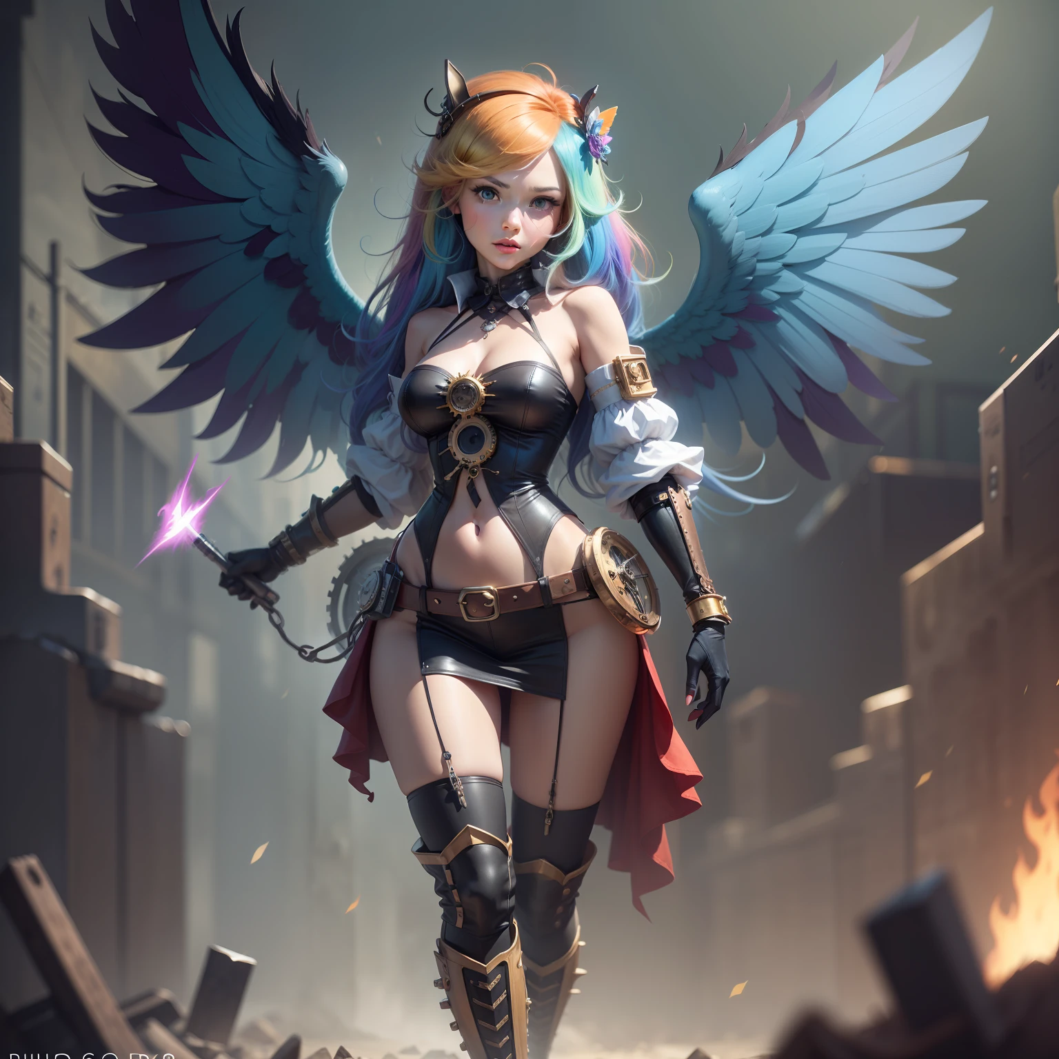 Rainbow Dash, Rainbow Dash from my little pony, Rainbow Dash in the form of a girl, long hair, lush hair, steampunk, body from steampunk mechanisms, golden gears, not human, gear leather, red boots, full-length, blue wings, big angel wings blue, steampunk style, a lot of magic, lightning nets, best quality, very detailed, ultra 8k resolution