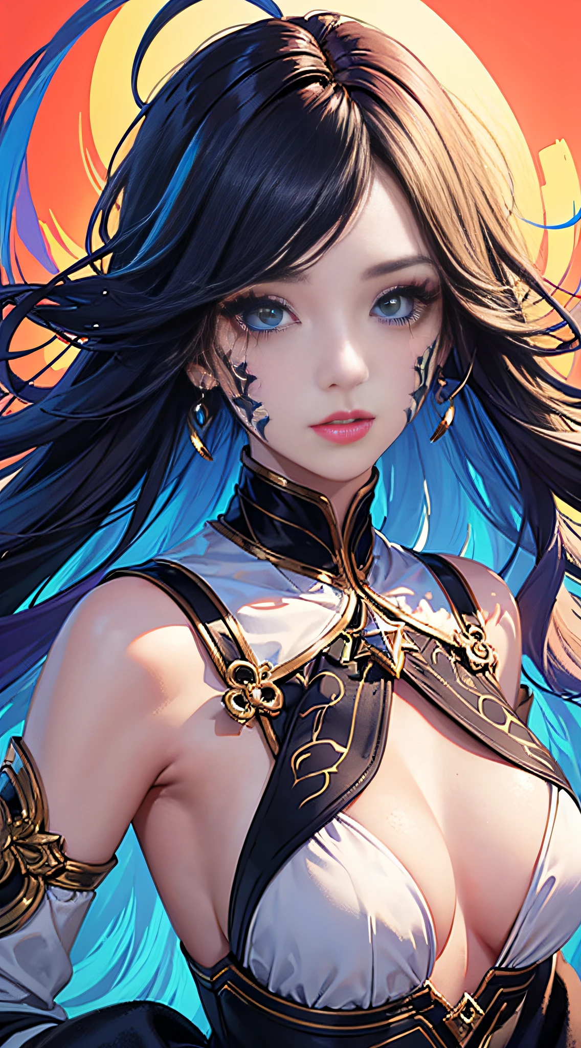 A girl with colorful hair and reflective straps, with makeup on her face, colorful art, fantasy colors, colorful light and shadow rendering, large eyes and long eyelashes, red watery lips, dazzling background, flowing hair, flying hair, colorful hair, colorful eyes, shining eyes
