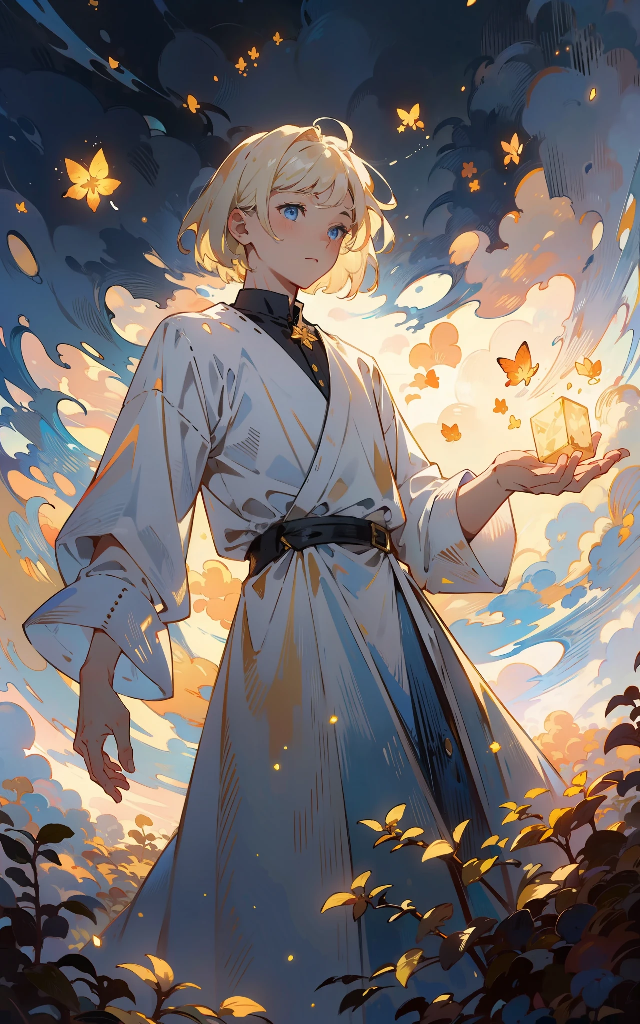 Mystical fog,masterpiece,best quality,HDR.UHD.4K,8K,64K,Highly detailed,ultra-finepainting,extreme detail description,Professional, ung man, volumetric light, platinum blonde hair, bob cut, butterfly, best quality, illustration, beautiful detailed eyes, blue eyes, pose, white costume, In forests with autumn leaves, standing, from below,