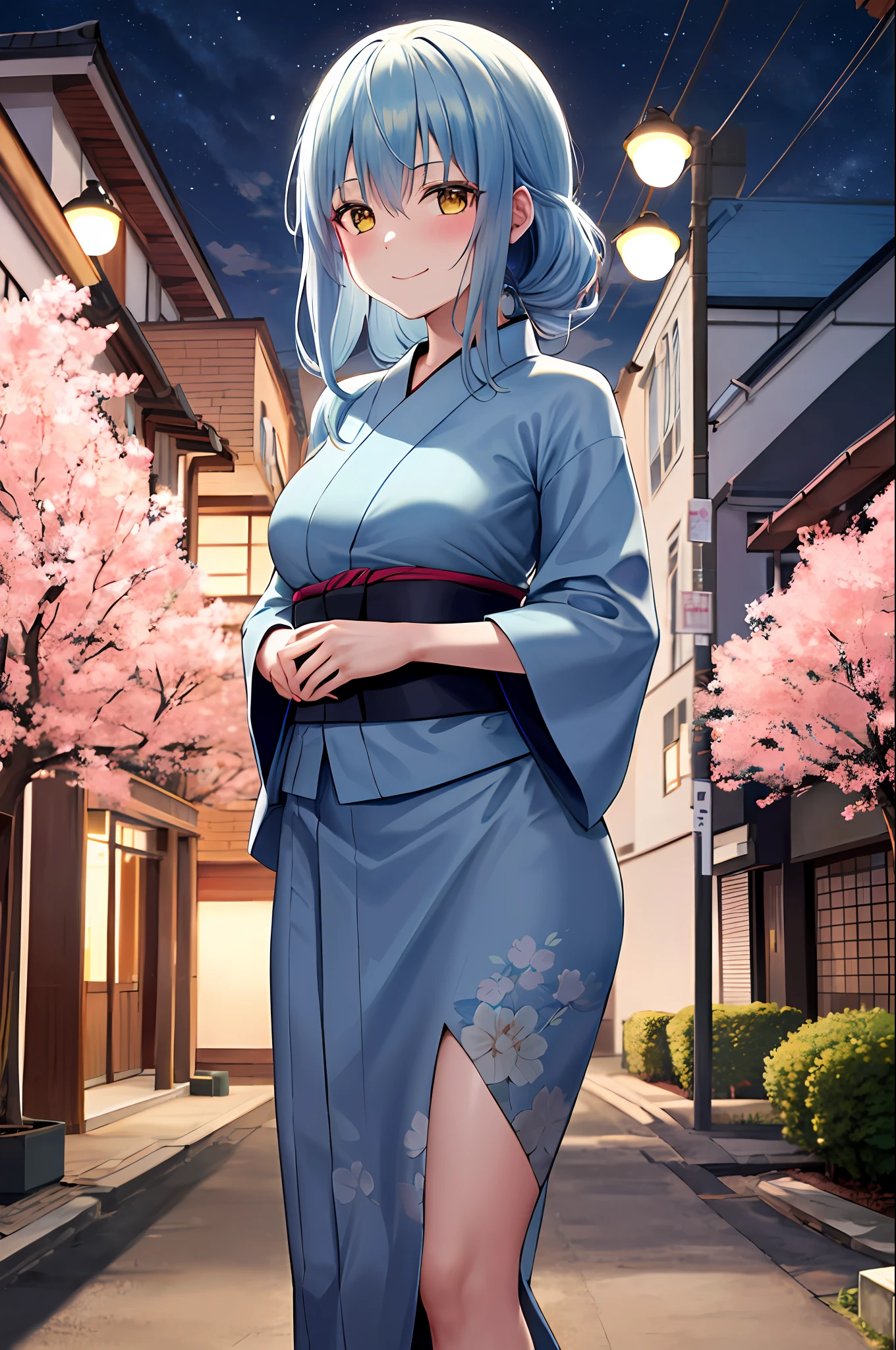 masterpiece, best quality, highres, rimuru tempest, blue hair, long hair, medium breasts, black flower yukata, black yukata, cleveage, breast out, cowboy shot, standing, looking at viewer, city road, outdoor, modern city road, blush, shy, smile, closed mouth, night, sakura tree,