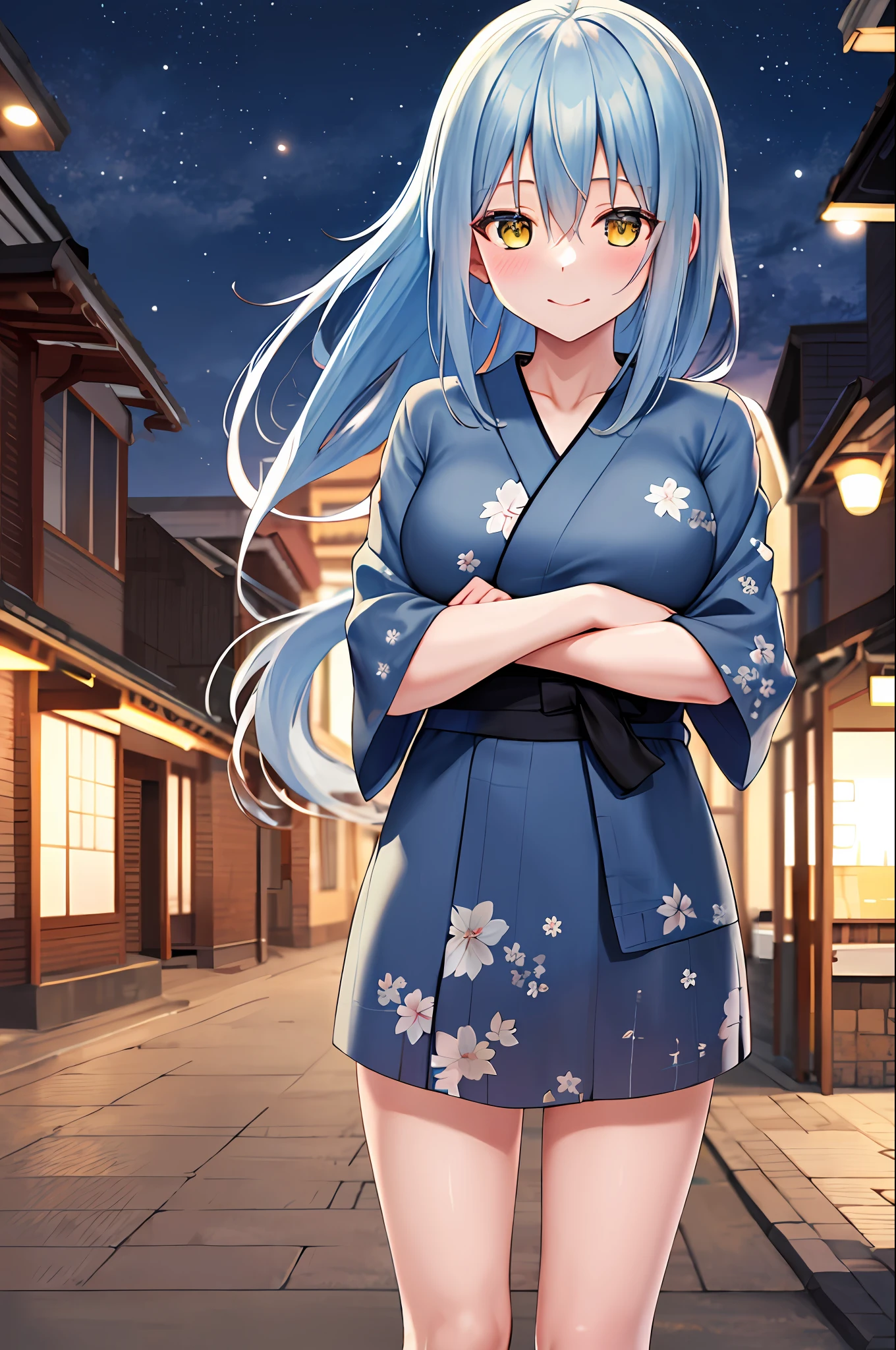 masterpiece, best quality, highres, rimuru tempest, blue hair, long hair, medium breasts, black flower yukata, black yukata, cleveage, breast out, cowboy shot, standing, looking at viewer, city road, outdoor, modern city road, blush, shy, smile, closed mouth, night, sakura tree,
