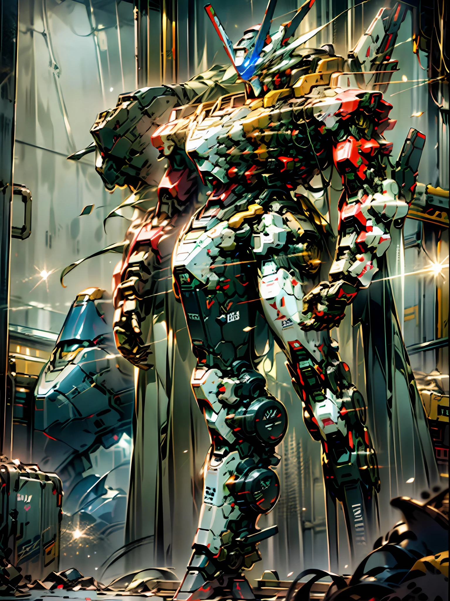 ((Best Quality)), ((Masterpiece)), (Very detailed: 1.3), 8K, cool painting, full of sci-fi atmosphere, black assassin holding two knives stands behind a huge Gundam mech, streamlined black armor with complex weapons and equipment behind it, Gundam humanoid mech, anime mecha aesthetics, perfect body proportions, head-up view, standing posture, military giant mech, missiles, rocks, futuristic technology, realism, dark clouds in the sky, dark war background, ray tracing, light particles, NVIDIA Trtx, Super Resolution, Unreal 5, Subsurface Scattering, Specular and Albedo Maps, Rule of Thirds, Large Aperture, Battle Stance, 8K Raw Data, High Efficiency Subpixels, Subpixel Convolution, Light Particle, Light Scattering, Tyndall Effect, Ray Tracing.