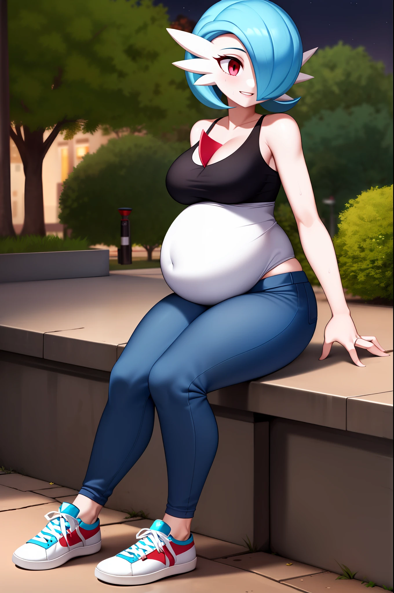 masterpiece, best_quality, 1girl, solo, gardevoir, pokemon\(creature\), blue hair, in a park, park, movie lighting, night, sitting on a bench, smile, casual clothes, short mangs black blouse, low-cut blouse, medium breasts, medium breasts, sweatpants, gray pants, full body, sneakers, pregnant. Red eyes, detailed eyes, laughing.
