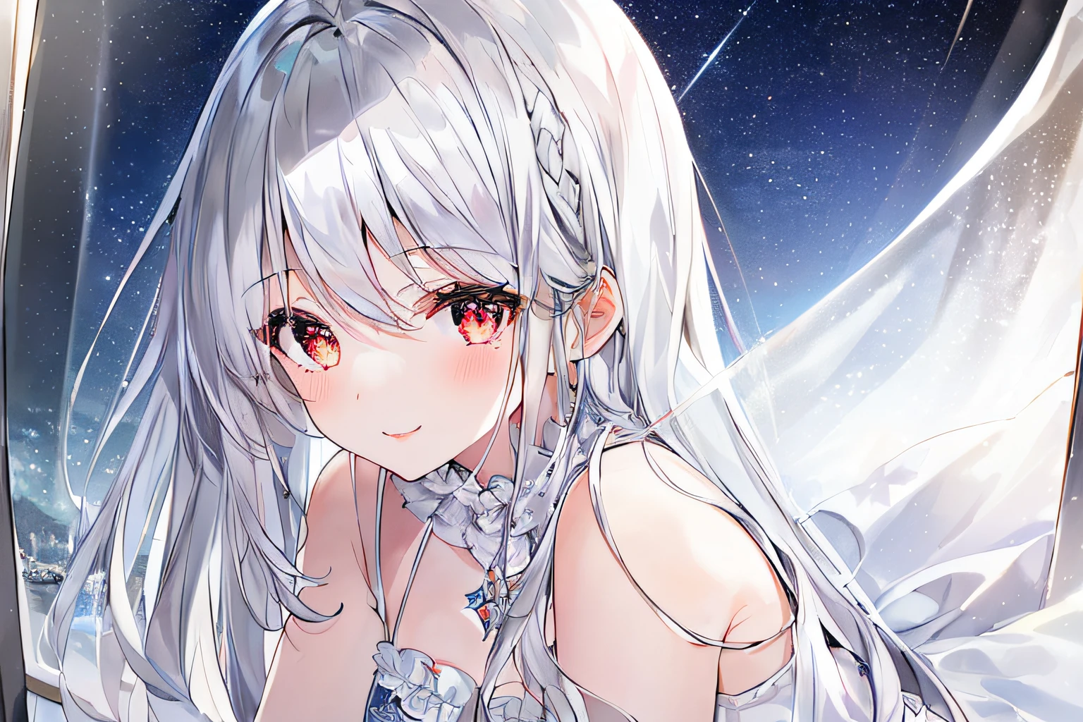 1girl, full body, denim photo, (Rembrandt), illustration, (masterpiece), (best quality), (ultra_detailed), finely detail, (Depth of field), , glove, long hair, star\ (symbol\), looking at viewer, (silver hair:1.2), red eyes, upper body, hair ornament, :p, frills, pink shirt, smile, sleeveless, shirt, idol, symbol-shaped pupils, hands up, brags smile, sleeveless, shirt, idol, symbol-shaped pupil, bangs, side up, star-shaped pupils, arms up, skirt pulling, roaring twenties, isometric, From above, the sky, the flowers, the cliffs,