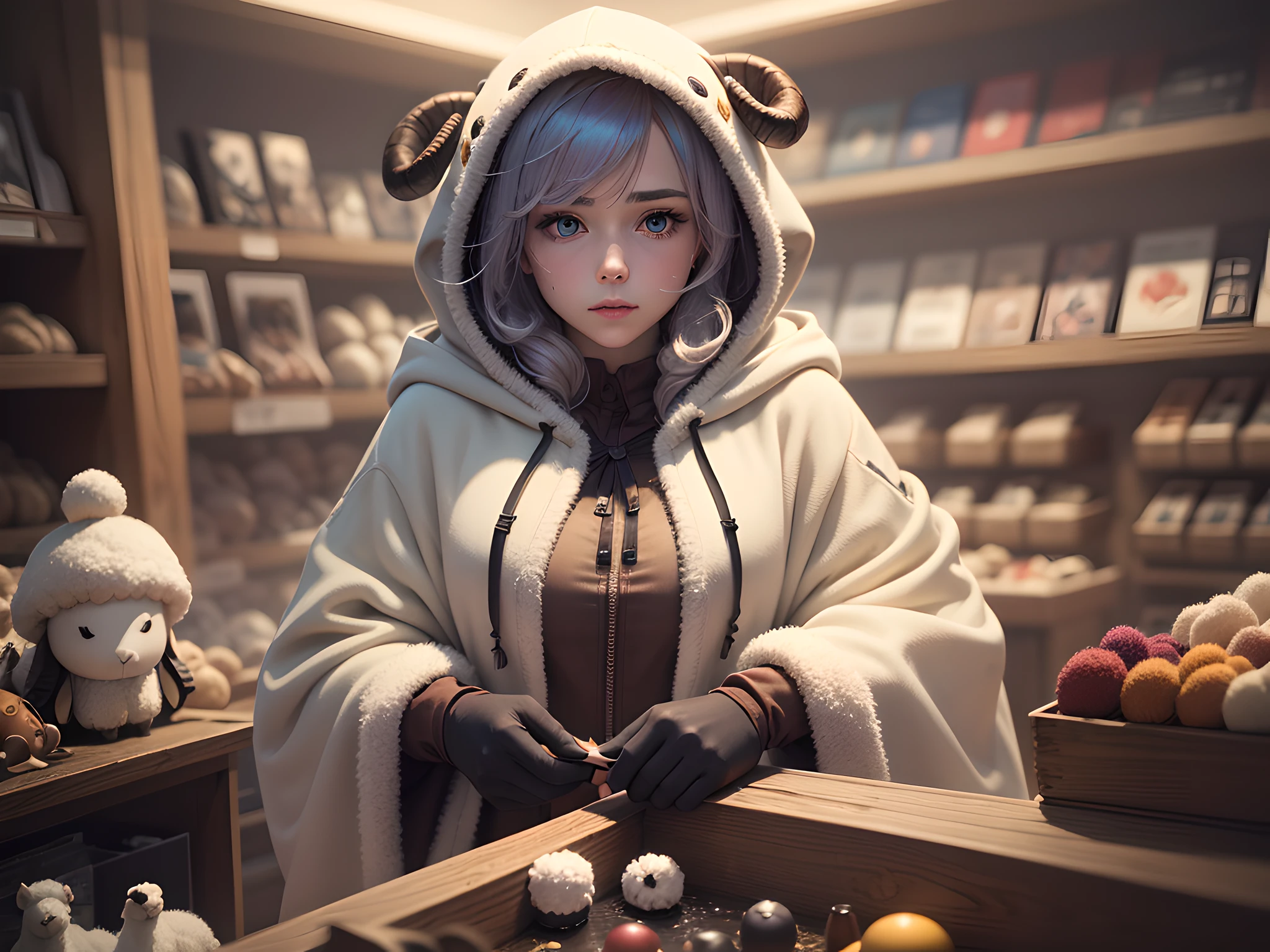 ((Masterpiece)), ((Best Quality)), 8k, HDR, cinematic lighting, Colorful hair color, Exaggerated hair color, (Hooded sheep costume), Toy store