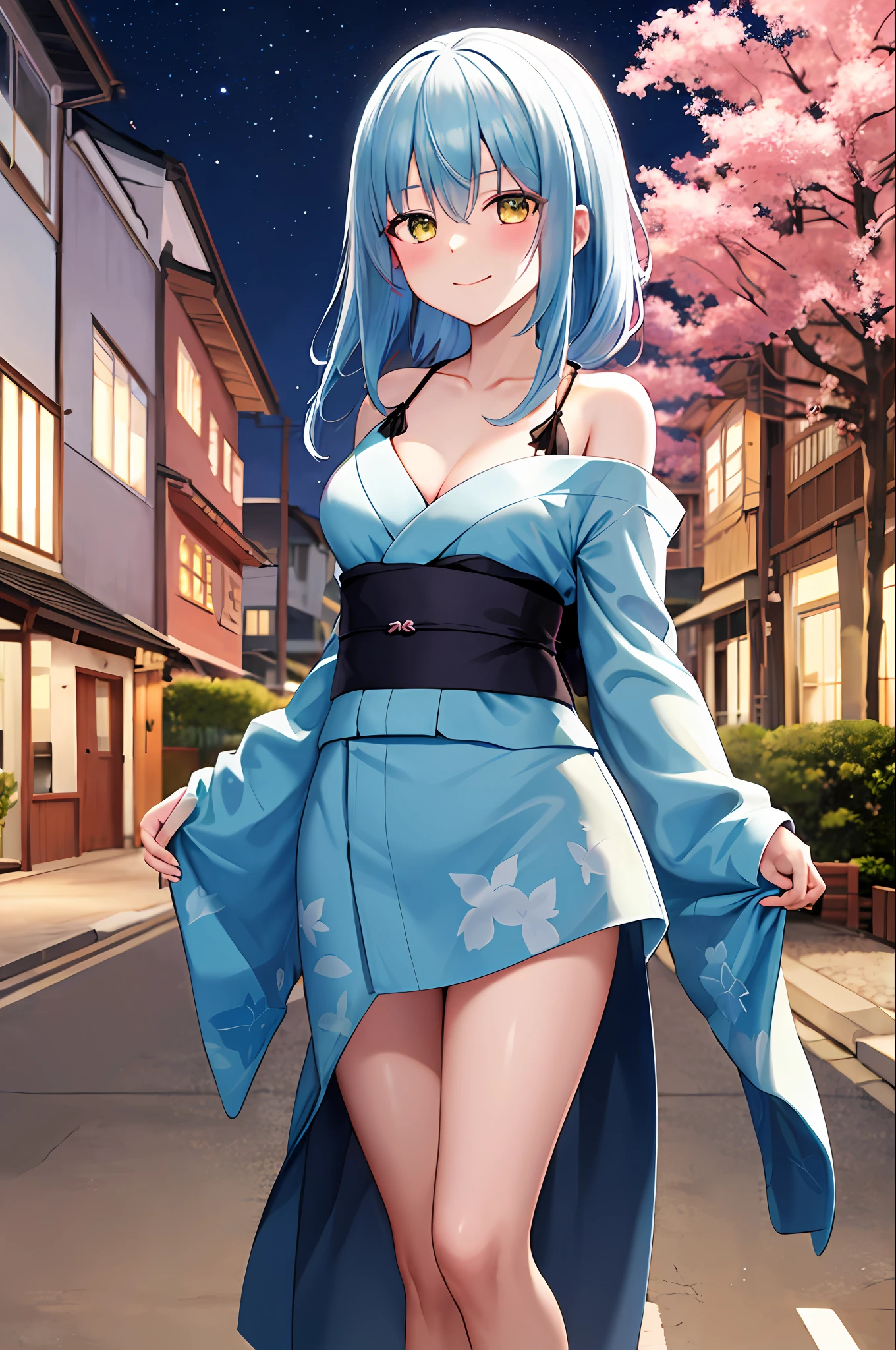 masterpiece, best quality, highres, rimuru tempest, blue hair, long hair, medium breasts, black flower yukata, black yukata, cleveage, breast out, cowboy shot, standing, looking at viewer, city road, outdoor, modern city road, blush, shy, smile, closed mouth, night, sakura tree,