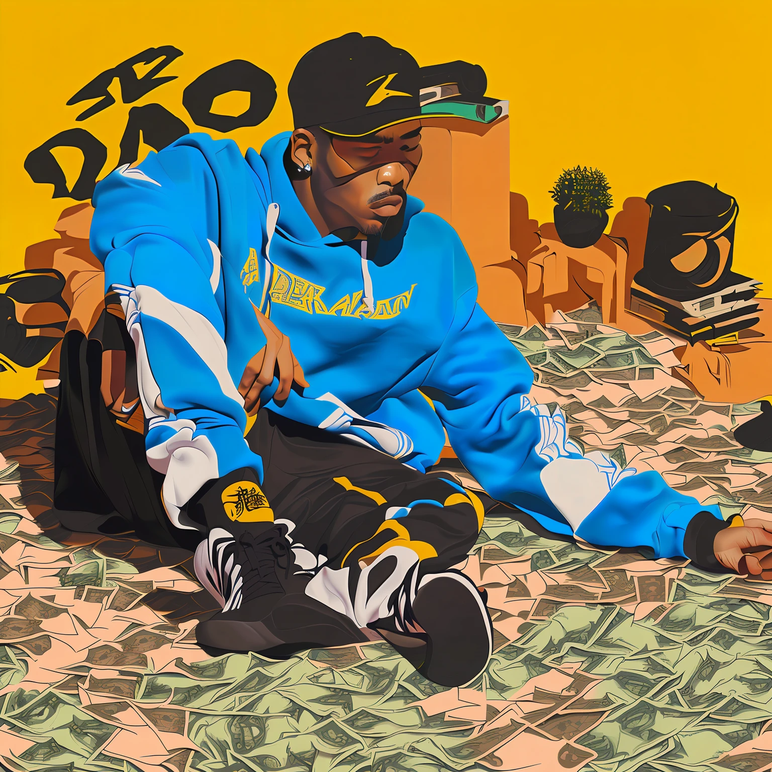 arafed man sitting on a pile of money wearing a blue hoodie, inspired by Zhu Da, paid artwork, promo art, daz, dao lee, album art, official artwork, by David Diao, by Dave Arredondo, sicko, inspired by Chen Daofu, rap album cover, album, daoshi, promotional art, official art