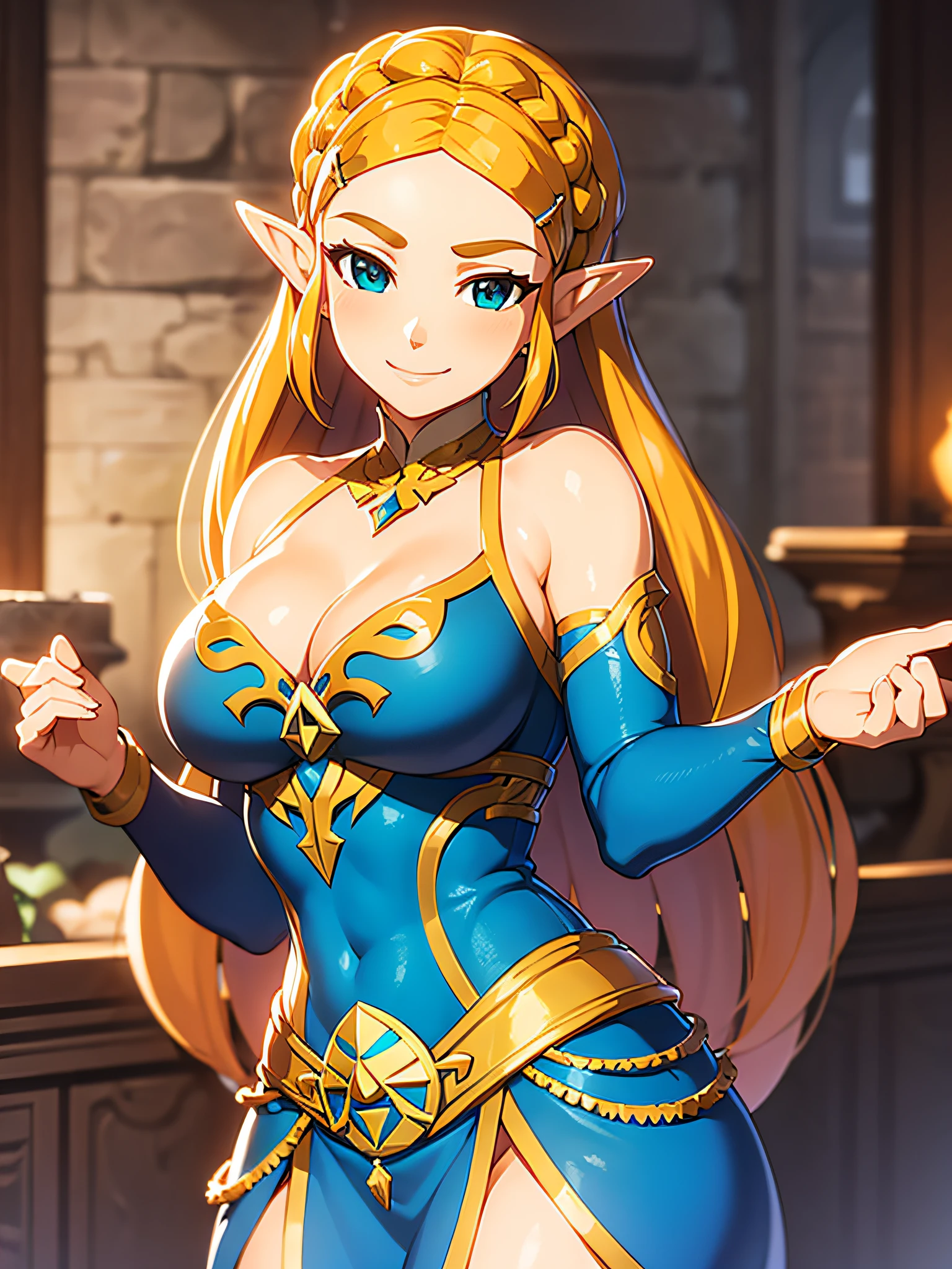 zelda\(princess\), 1girl, solo, large breasts, cleavage, seductive smile, pose, prom dress, bare arms, skinny, , 15 year ol