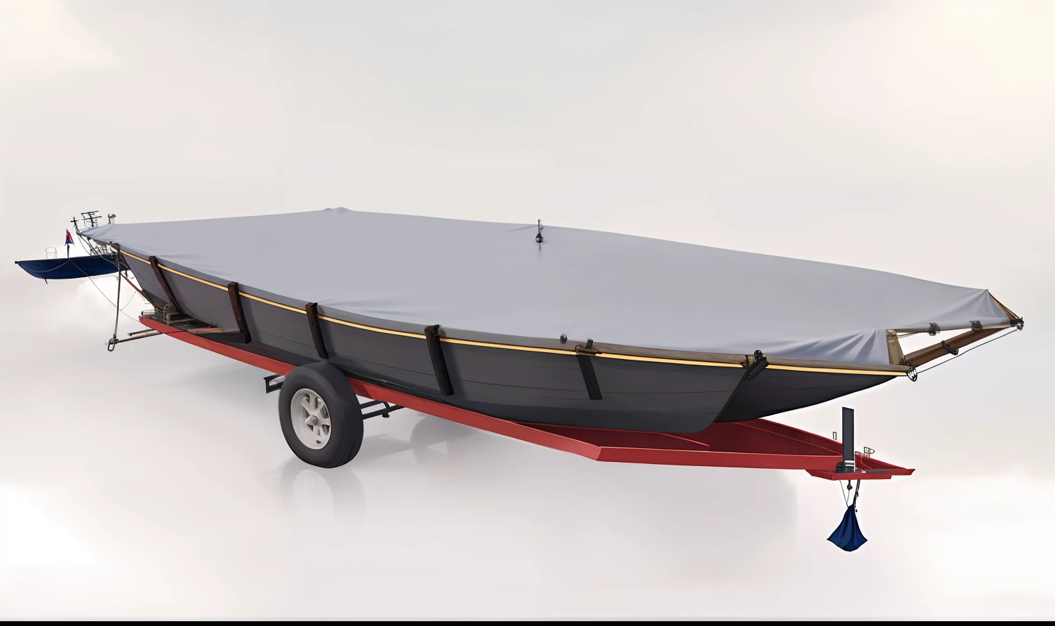 I need a gray boat cover mounted on top of jon boat, Square-headed ship shape, low, no superstructure, boat at the dock, white background,The top is flat and does not protrude.with 6PCS wedding strps to set the boat cover.