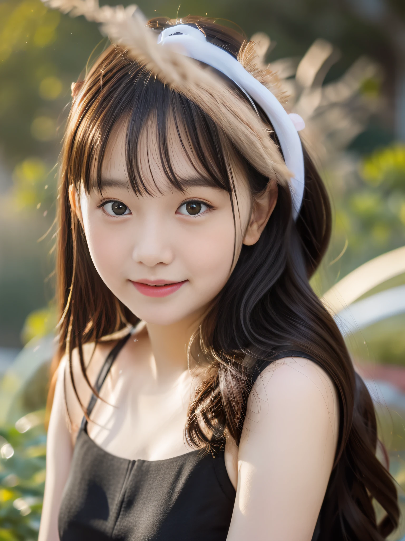 Masterpiece, Original Quality, Top Quality, Best Image Quality, Exaggerated Detail, Clear Face, Kid's Face, Professional Lighting, Lovely -Yeld As Girl With Shy Expression, Beautifully Detailed Eyes, Bloated Cheeks, (Long Hair, Sleeveless Top) Outdoor, Pose In Front of Camera, (Chest Emphasis), Smiling, child-loobody, melting backdrop, bokeh backdrop