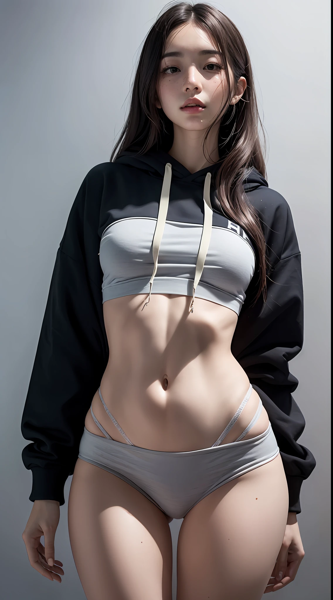 raw photo, intricate details, textured skin, dynamic pose, shot from below, 1girl, Korean, young, pale skin, long hair, freckles all over body, oversized hoodie, briefs, (wide thigh gap:1.2), gray gradient background, best quality, 16k, masterpiece