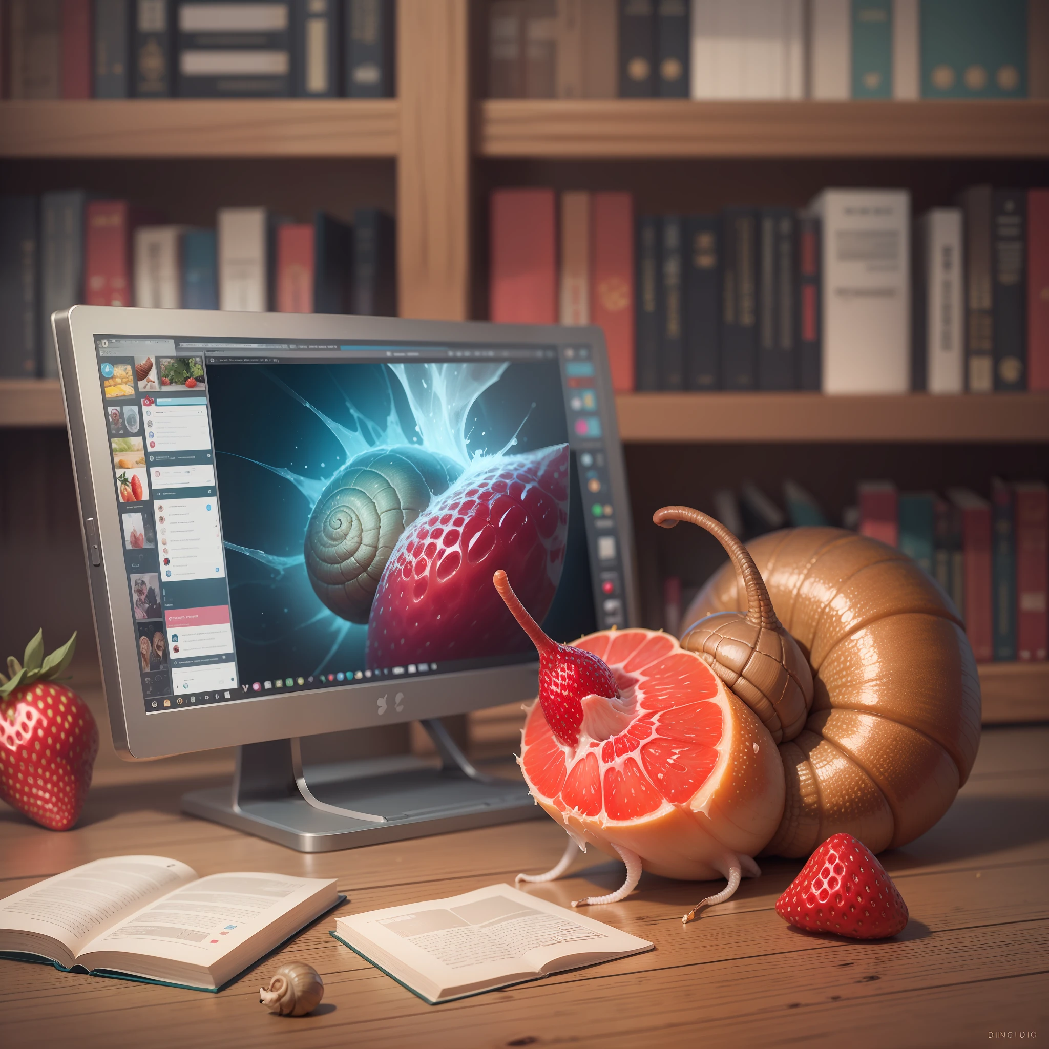 Snail eating a frozen strawberry. In the background a computer and several closed books. Digital art. Digital painting. Very detailed. Vivid colors.