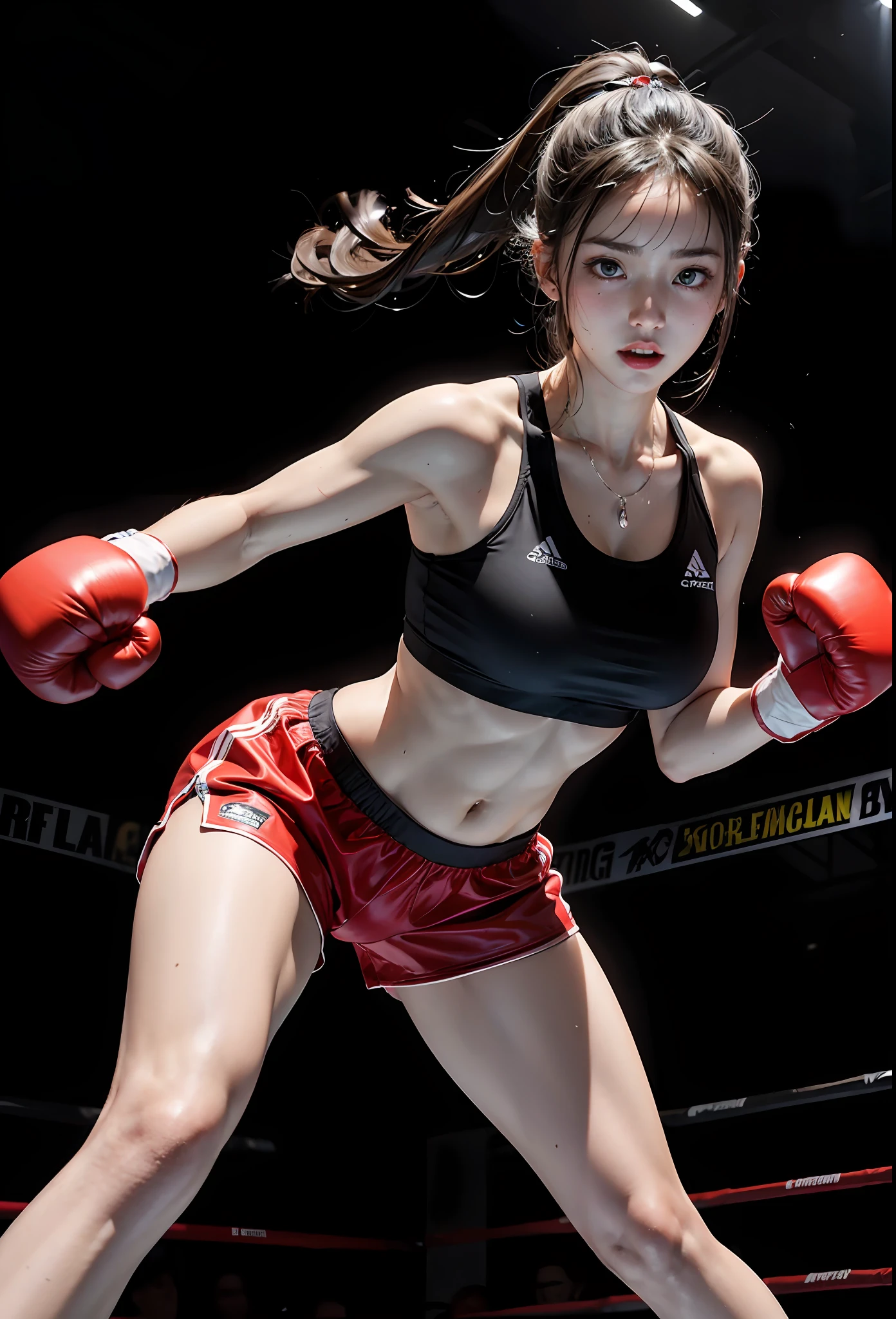 1girl, long hair flying, wearing boxing gloves, sportswear, female boxer, bodybuilding, looking at the camera, sweat, fighting stance, punching,