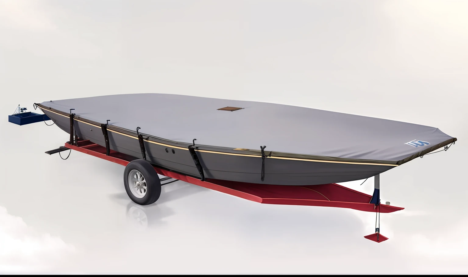 I need a gray boat cover mounted on top of jon boat, Square-headed ship shape, low, no superstructure, boat at the dock, white background,The top is flat and does not protrude.with 6PCS wedding strps to set the boat cover.