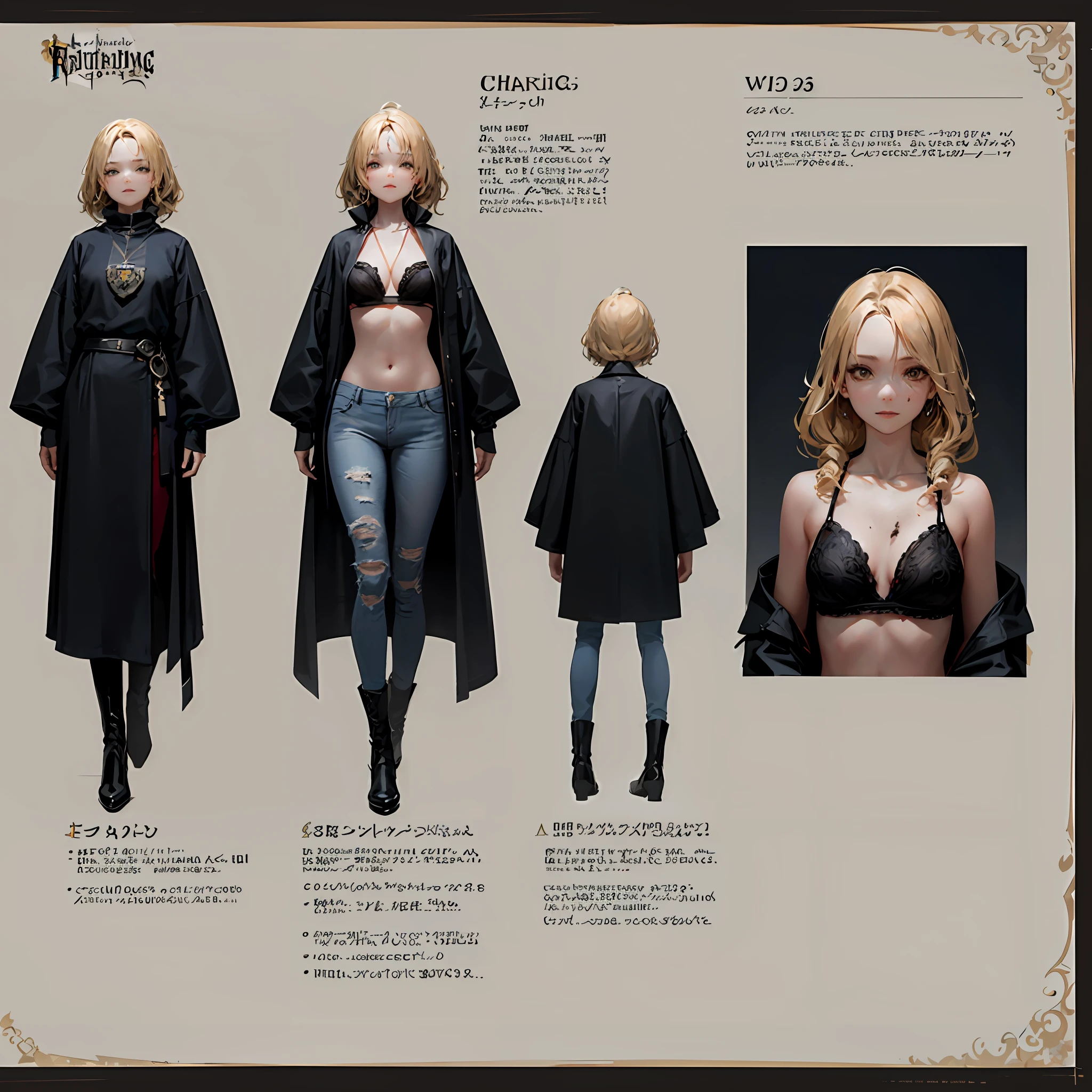 (CHARACTERSHEET:1) (MULTIPLE VIEWS FULL BODY UPPER BODY REFERENCE SHEET:1), A girl with wild curls a tomboyish girl who prefers jeans and boots with striking green eyes and a birthmark on her forehead born into a powerful wizarding family, long flowing hair the color of fire and a passion for adventure with a view of a dry day --auto