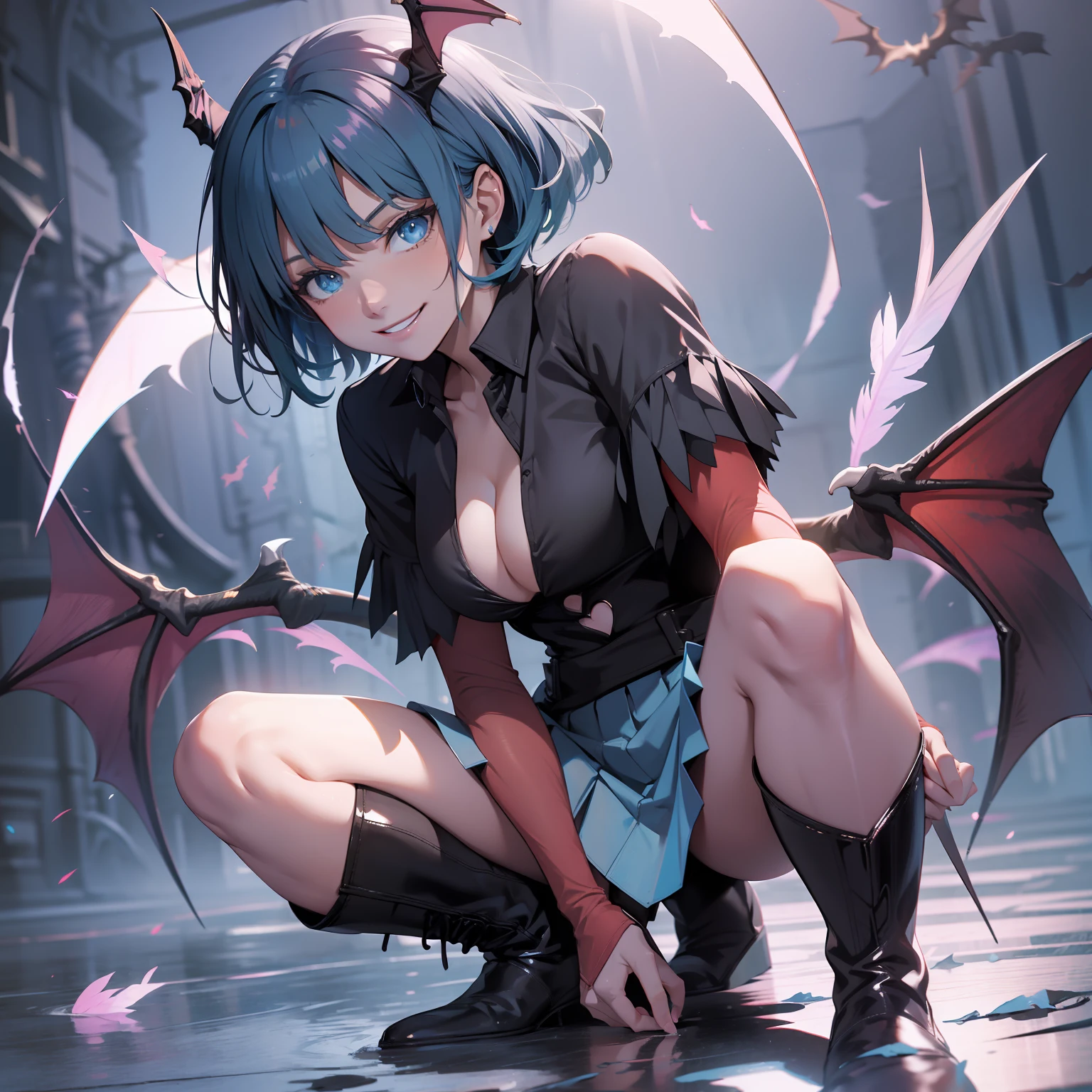 Masterpiece, Best Quality, Hi-Res, 1girl, Blue Shirt, Bat Feathers, Black Hair, Short Hair, Blue Eyes, Evil Smile, Evil Smile, Light Blue Mini Skirt, Black Boots