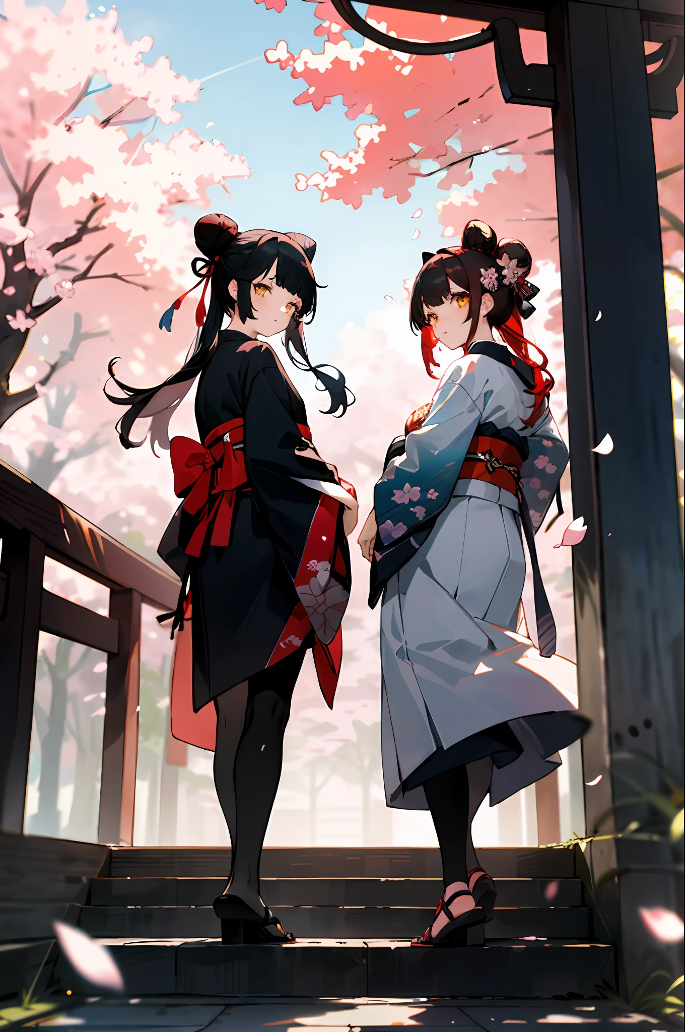 ((masterpiece,best quality)),2girls, black kimono, black legwear, black ribbon, black hair, cherry blossoms, day, flower, hair bun, hair ribbon, japanese clothes, kimono, long hair, looking at viewer, looking back, multiple girls, obi, outdoors, red eyes, red hair, ribbon, sandals, single hair bun, stairs, standing, statue, torii, tree, white kimono, yellow eyes