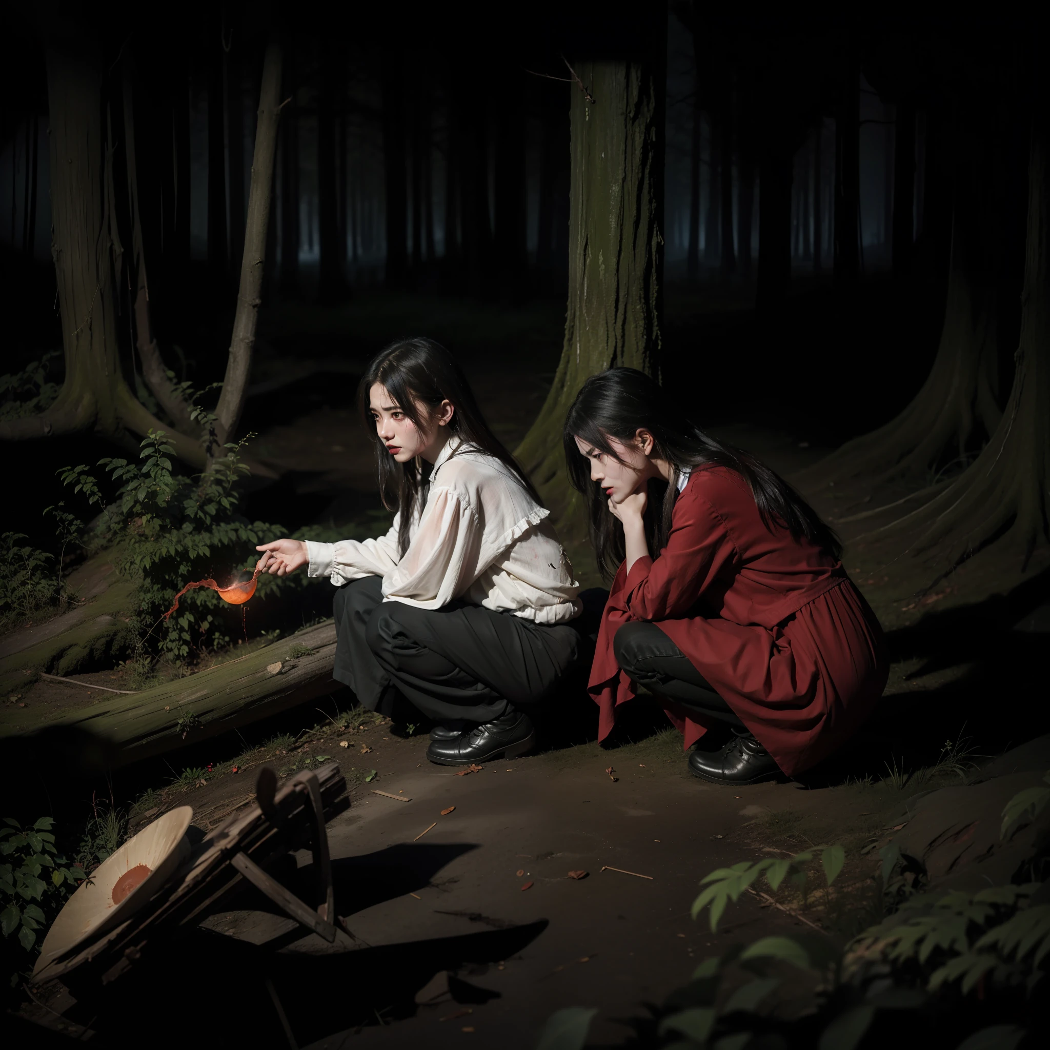 Mound, Big Night, Red Moon, Ancient Wind, Deep in the Forest, Light and Shadow, Darkness, Female Ghost, Female Ghost, Exquisite Horror Scary Bloody Female Ghost, Broken Clothes, Ragged Clothes, Squatting on the Ground, Fear, Hell, Abyss, Devil's Roar, Realism, Movie, CG, Masterpiece