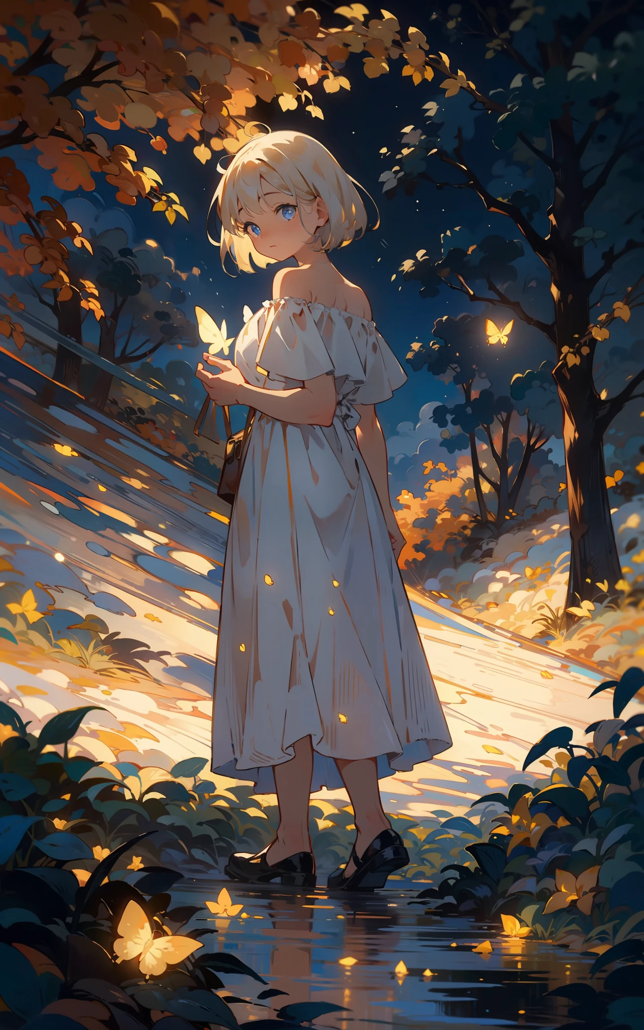 Fire in the forest, black smoke, masterpiece,best quality,HDR.UHD.4K,8K,64K,Highly detailed,ultra-finepainting,extreme detail description,Professional, ung man, volumetric light, platinum blonde hair, bob cut, butterfly, best quality, illustration,  beautiful detailed eyes, blue eyes, pose, white costume, In forests with autumn leaves,  standing, from below,