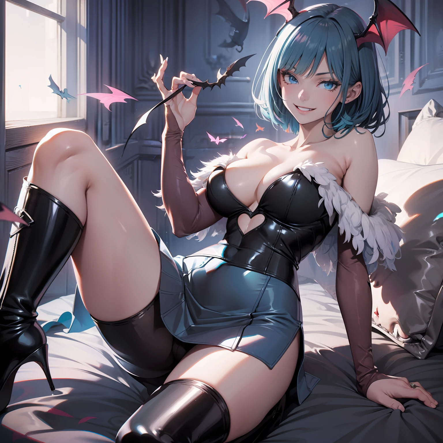 Masterpiece, Best Quality, Hi-Res, 1girl, Blue Shirt, Bat Feathers, Black Hair, Short Hair, Blue Eyes, Evil Smile, Evil Smile, Light Blue Mini Skirt, Black Boots