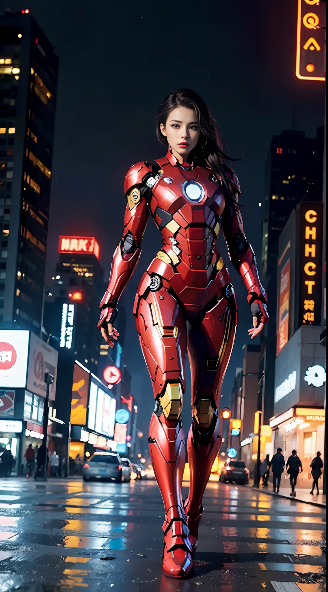 8k, realistic, attractive, highly detailed, a 20 year old girl a sexy and attractive woman inspired by Iron Man wearing a shiny Iron Man mech. She dresses with sexiness and confidence, perfectly interpreting Iron Man's strength and charisma. In a cyberpunk-style city night scene, a sexy and attractive woman takes Iron Man's cosplay as the theme. Wearing a shiny Iron Man mech, she stands on a street lined with tall buildings. The night lights of the city are bright, reflecting on her mecha, adding a sense of future technology. The surrounding buildings and streets are full of cyberpunk elements, such as neon lights, high-tech devices and futuristic architectural designs. The whole scene is full of futuristic and sci-fi atmosphere. This high-definition, high-quality picture will bring you stunning visual enjoyment, a perfect combination of sexy, futuristic and sci-fi elements. oc rendering, dramatic lighting, award winning quality, black and pink theme armor suit