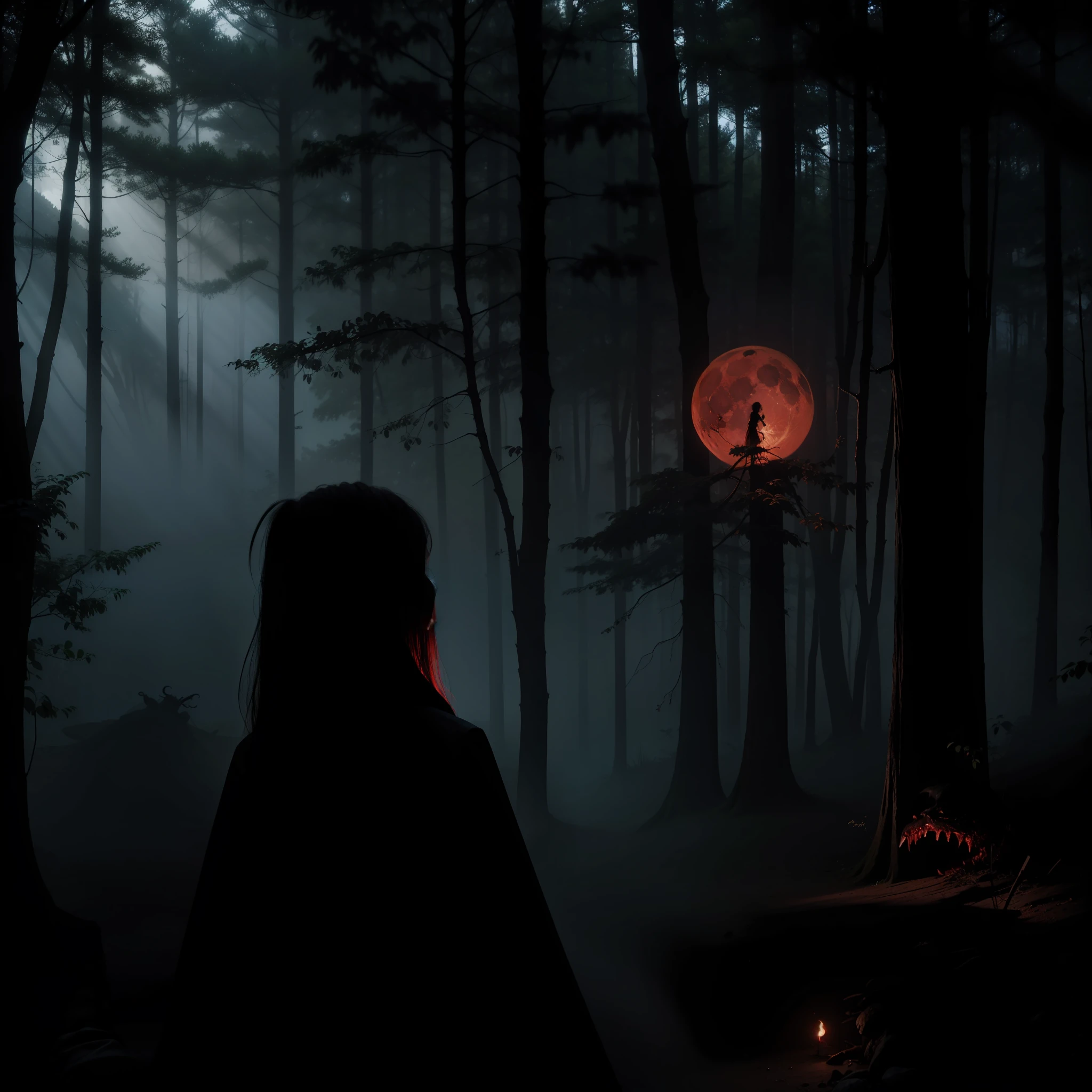 Mound, Big Night, Red Moon, Ancient Wind, Deep in the Forest, Light and Shadow, Darkness, Female Ghost, Female Ghost, Exquisite Horror Scary Bloody Bloody Female Ghost, Fear, Hell, Abyss, Devil's Roar, Realism, Movie, CG, Masterpiece, Surprise Attack