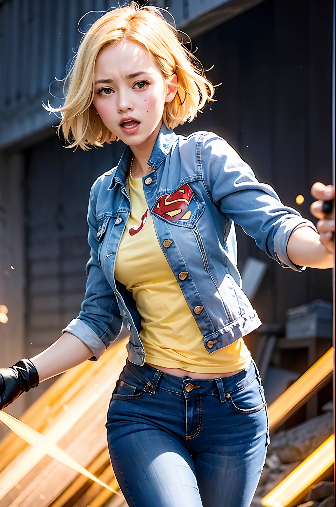 ((1 girl, cute, denim jacket, white denim blouse with superman S symbol on the chest, gloves, blonde, short hair, bob hair, hair parted sideways, blue eyes)))), (((blonde hair))), dynamic poses, manga style, depicting a group of characters in various action scenes, from intense battles to joyous moments, with dramatic lines of speed and bold sound effects,  capturing the emotion and energy of the story, palm laser beams, forward attack with the palm of the hand, yellowstone park, Grand Canyon,