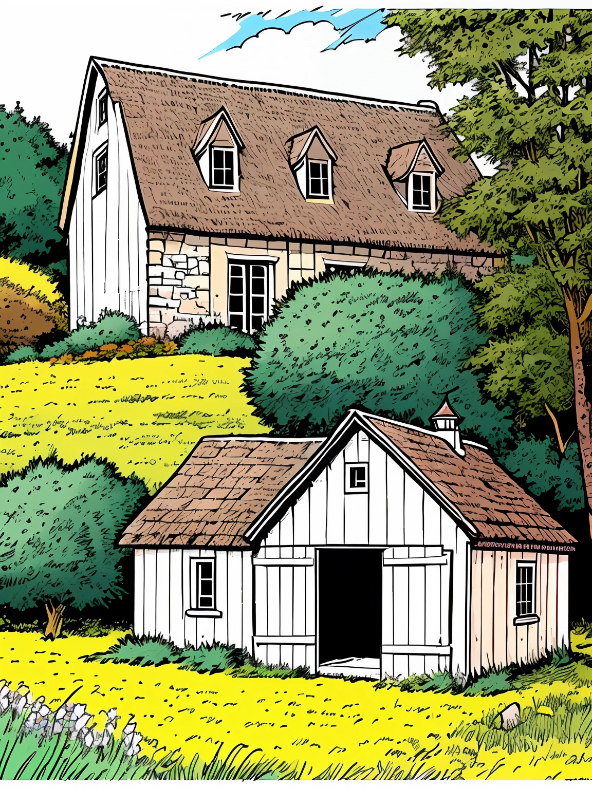 Line art in warm colours, one old medieval French stone barn with a grey slate roof, in a field, summer, sunny afternoon, (ligne claire, strong lines, no hatching), in the style of Franco-Belgian comics, in the style of fantasy comics, by Edgar P. Jacobs, by Herge, by Jacques Martin