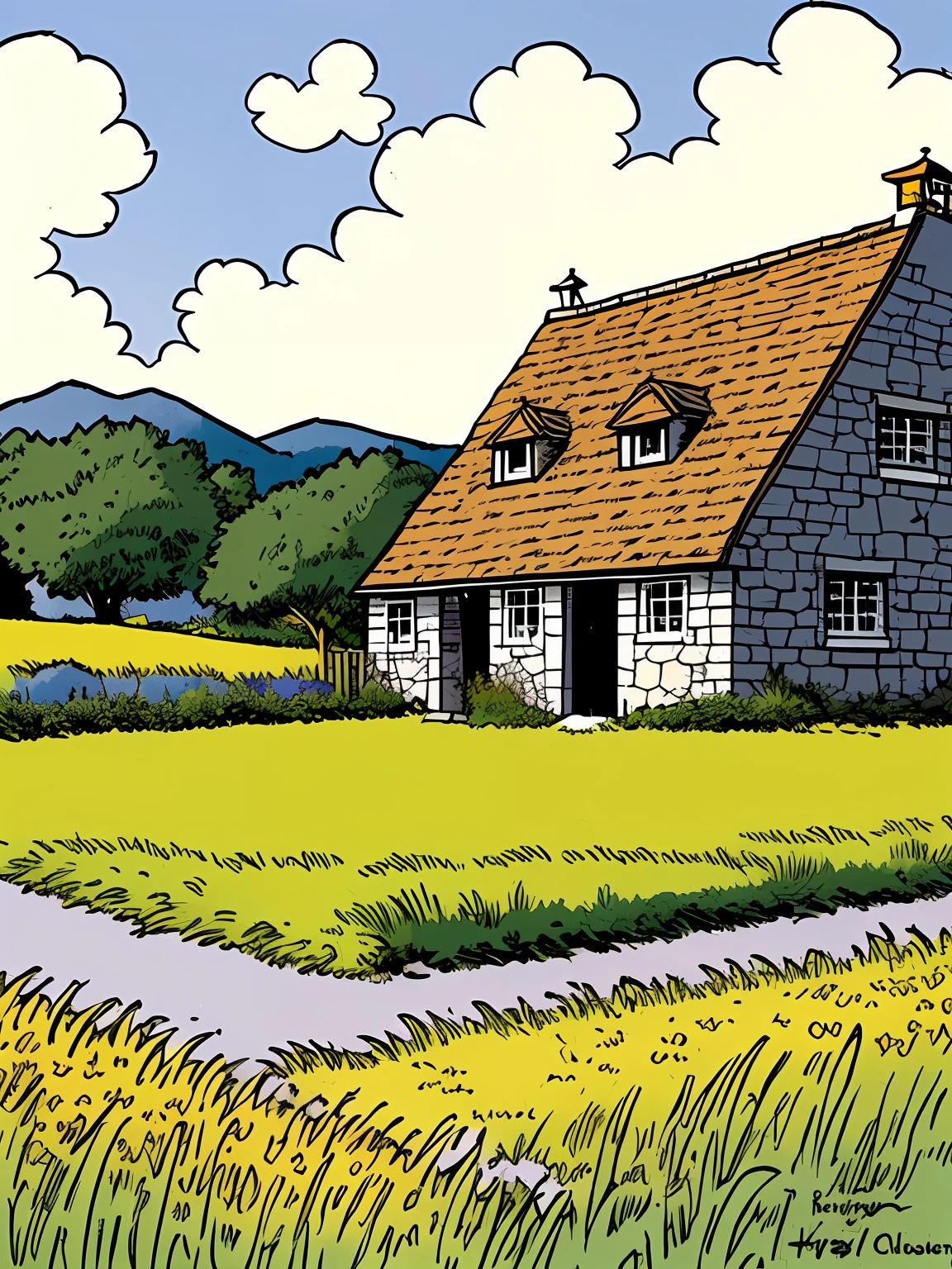 Line art in warm colours, one old medieval French stone barn with a grey slate roof, in a field, summer, sunny afternoon, (ligne claire, strong lines, no hatching), in the style of Franco-Belgian comics, in the style of fantasy comics, by Edgar P. Jacobs, by Herge, by Jacques Martin
