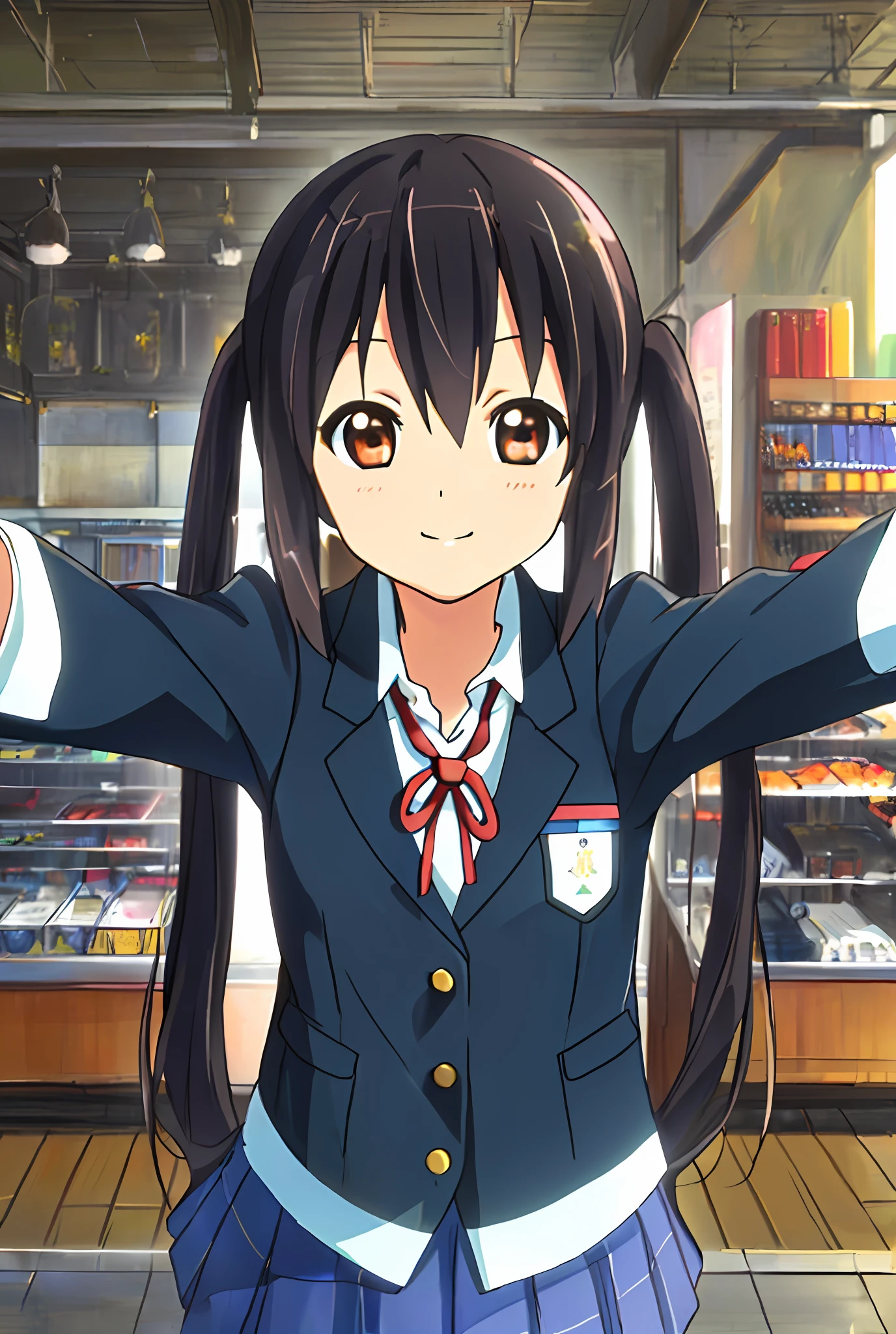 1girl, ((((Masterpiece))), Best Quality, Best Quality, High Detail, Azusa Nakano, 1girl, Sakuragaoka High School Uniform, Musical Instrument, School Uniform, Twin Tails, Long Hair, Black Hair, Brown Eyes, Solo, Red, Dark blue blazer with a thin ribbon of red, Solid white button shirt under blazer, Illustration, Cartoon, Soothing tones, Muted colors, Soft cinematic light, Adobe Lightroom, Photo Lab, HDR, complex and highly detailed, (((depth of field))))). (((Masterpiece))). (((highest quality))).) ((super detail))). (((Illustration))). (((Arms outstretched))). (((Proud))). ((((Gentle smile))).