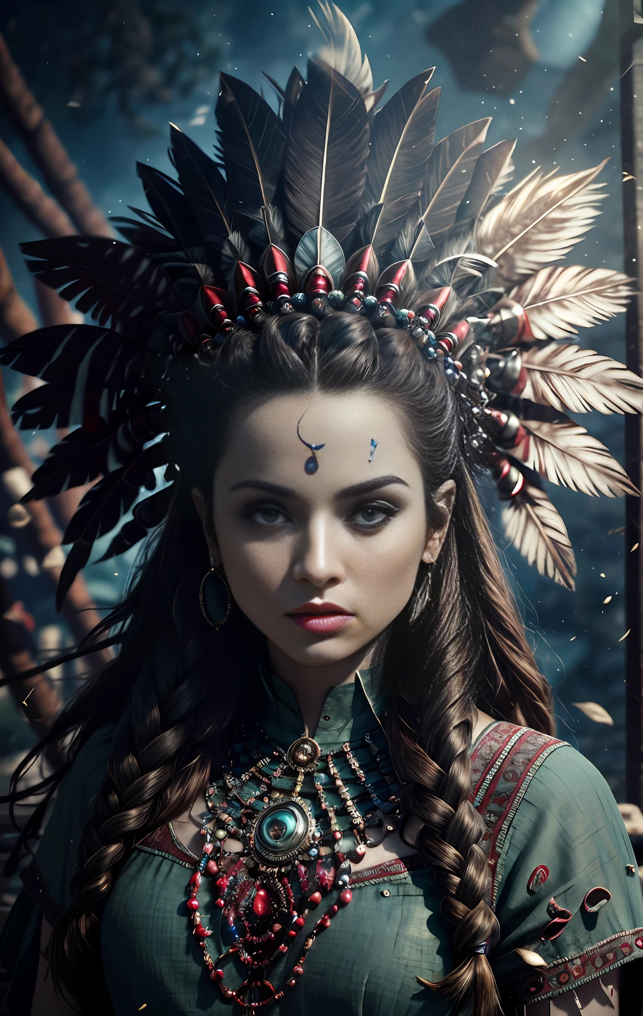 (full portrait), (half shot), solo, detailed background, detailed face, (stonepunkAI, stone theme:1.1), wise, (female), (native american), (beautiful hair, braids:0.2), shaman, septum piercing, mystical, (gorgeous face), stunning, head tilted upwards, (serene expression), calm, Seafoam Green frayed clothes, prayer beads, tribal jewelry, feathers in hair, headdress:0.33, jade, obsidian, detailed clothing, cleavage, realistic skin texture, (floating particles, water swirling, embers, ritual, whirlwind, wind:1.2), sharp focus, volumetric lighting, good highlights, good shading, subsurface scattering, intricate, highly detailed, ((cinematic)), dramatic, (highest quality, award winning, masterpiece:1.5), (photorealistic:1.5), (intricate symmetrical warpaint:0.5),