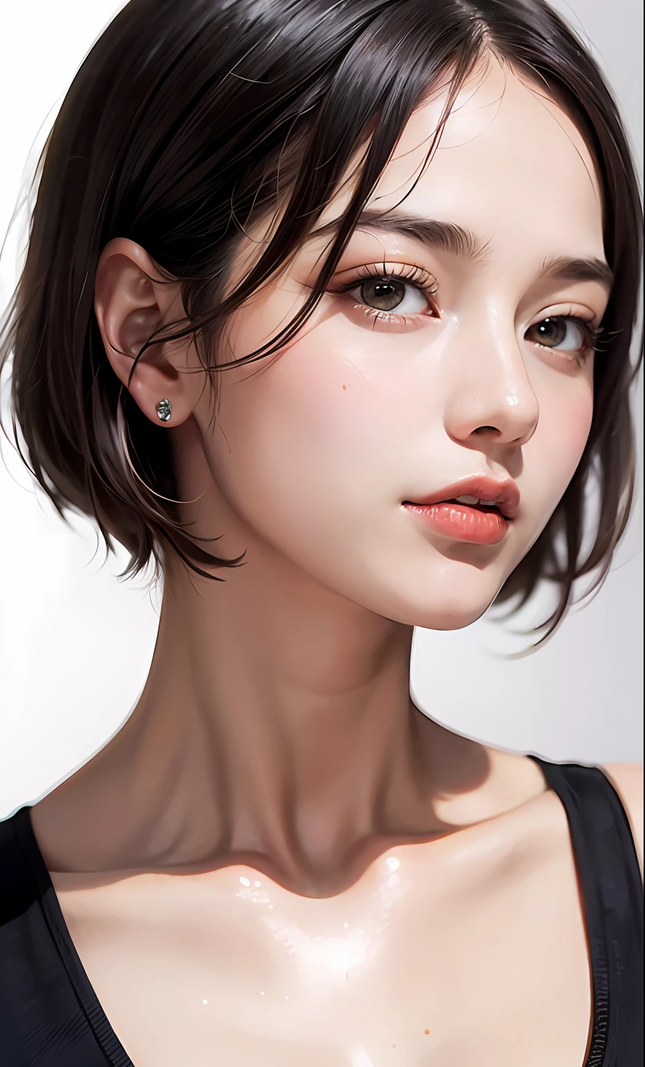 Boris Vallejo style, short-haired policewoman, textured skin with shiny skin, fusion of hyper-realistic painting, delicate brush strokes, pure white background, photorealistic (8k, RAW photo, photorealistic:1.25), (lipgloss, eyelashes, gloss-face, glossy skin, best quality, ultra highres, depth of field, chromatic aberration, caustics, Broad lighting, natural shading, Kpop idol) watch the audience with serenity and goddess-like happiness,