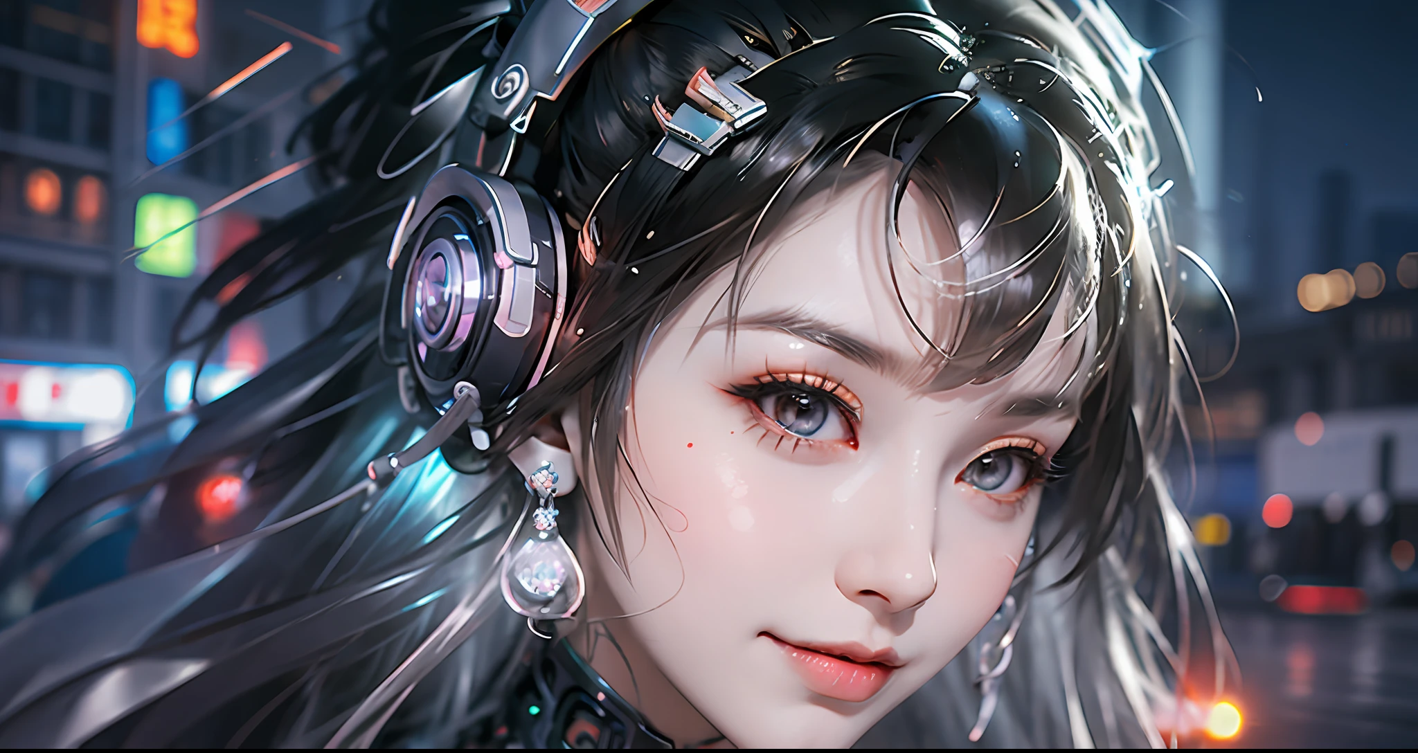 Background moon, big moon in the back, moon, 1 girl, Chinese_clothes, metallic black titanium and rainbow, cyberhan, cheongsam, cyberpunk city, dynamic pose, detailed luminous headphones, luminous hair accessories, long hair, glowing earrings, glowing necklace, cyberpunk, high-tech city, full of mechanical and futuristic elements, futurism, technology, glowing neon lights, rainbow colors, rainbow color light, sexy skirt, transparent black cape, laser light, digital background city sky, big moon, with vehicles, Best Quality, Masterpiece, 8K, Character Edge Light, Ultra High Detail, High Quality, The Most Beautiful Woman of Mankind, Smile, Face Facing Front Left and Right Symmetry, Ear Corner Decoration, Long Antenna Glow, Beautiful Eyes, Light Effects, Visual Data, Silver Iridescent Hair Dyeing Hair, Ultra Detail Facial Texture, Happy, Weapon System, Crowded Passers-by on the Street, Mecha Style, Wearing a Glowing Antenna on the Head, Deep Eyes, Distant Vision, Detail of the Whole City, Vista, Panorama, Stretched Vista, Fisheye, Elevation Angle